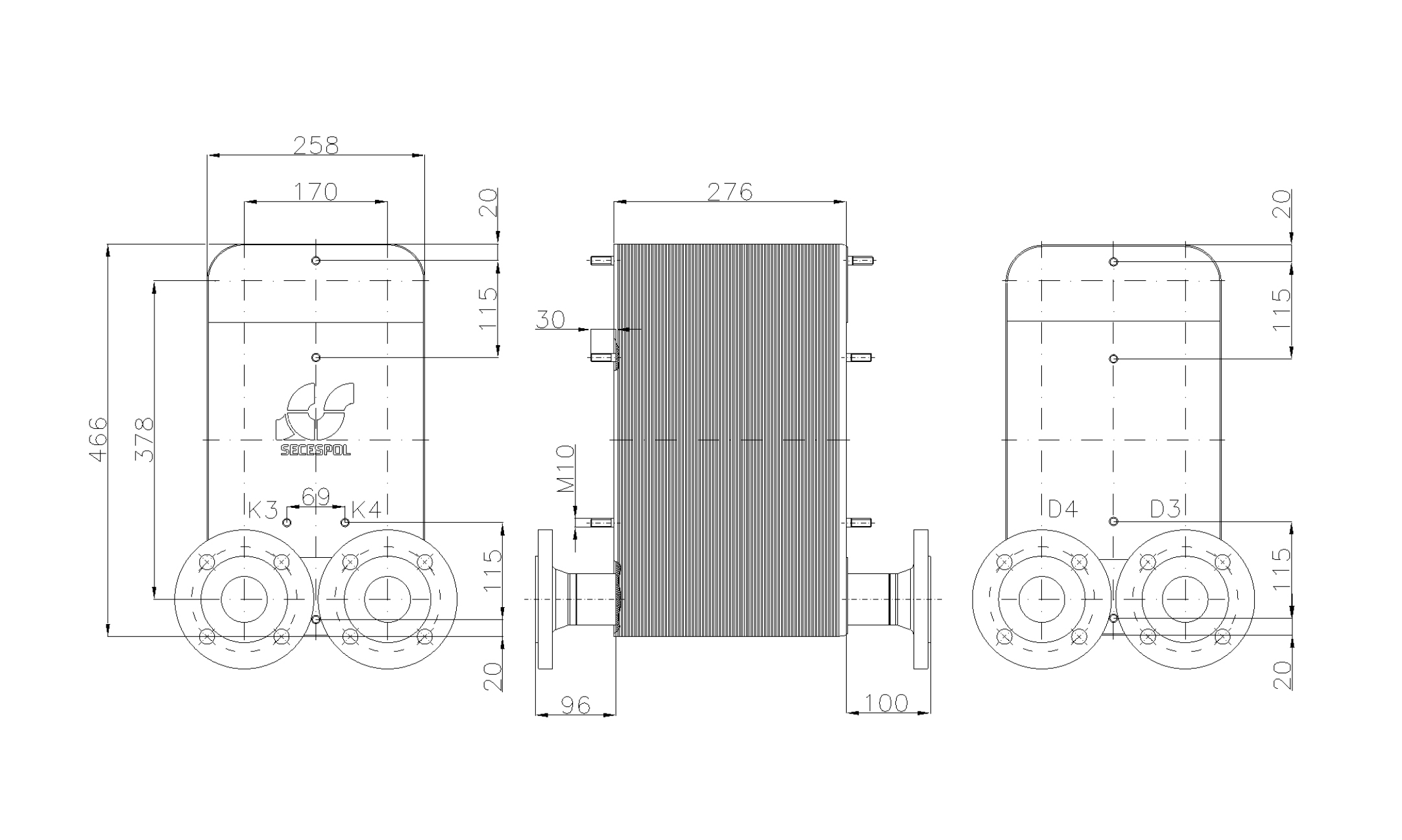 Габаритные размеры паяного пластинчатого теплообменника Secespol LC110-100L-2-DN50.CS