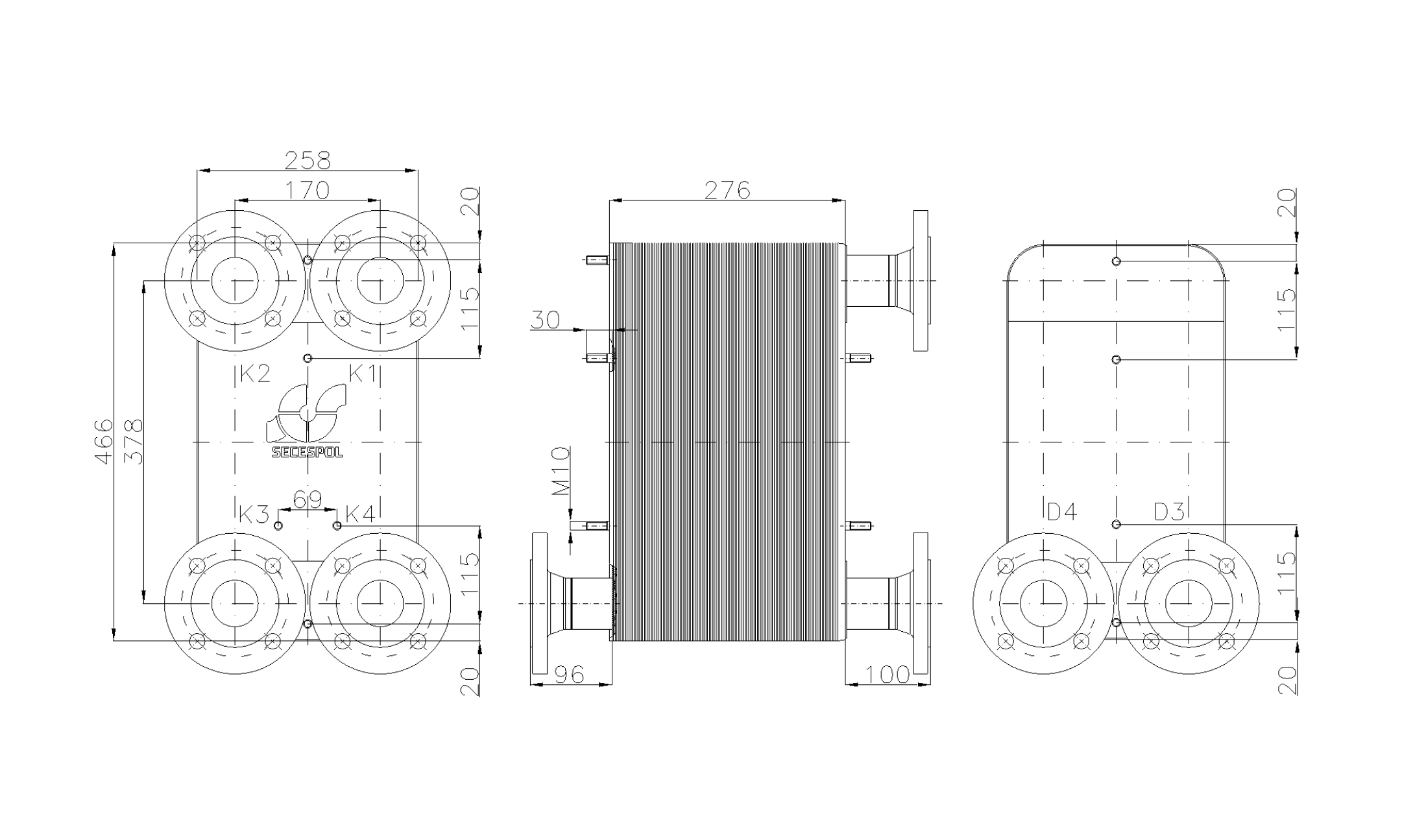 Габаритные размеры паяного пластинчатого теплообменника Secespol LC110-110L-2S-DN50.CS