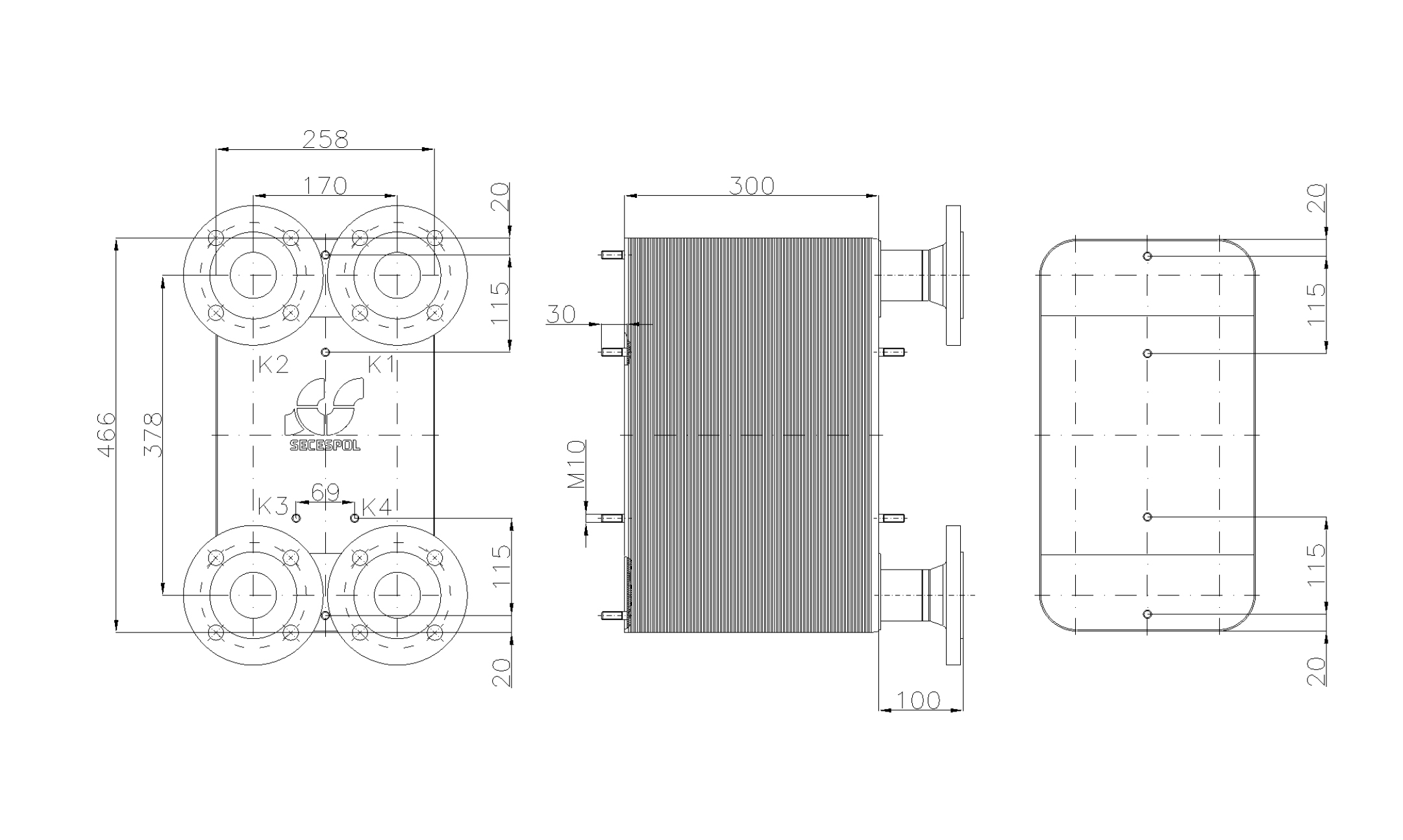 Габаритные размеры паяного пластинчатого теплообменника Secespol LC110-120L-DN50.CS
