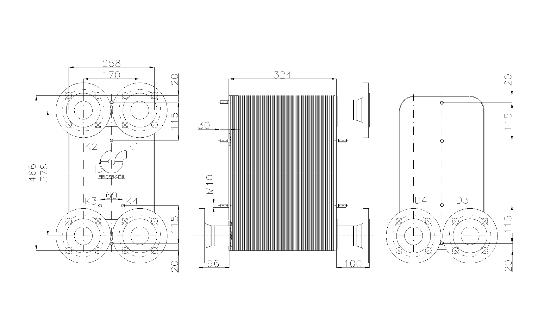 Габаритные размеры паяного пластинчатого теплообменника Secespol LC110-130L-2S-DN50.CS