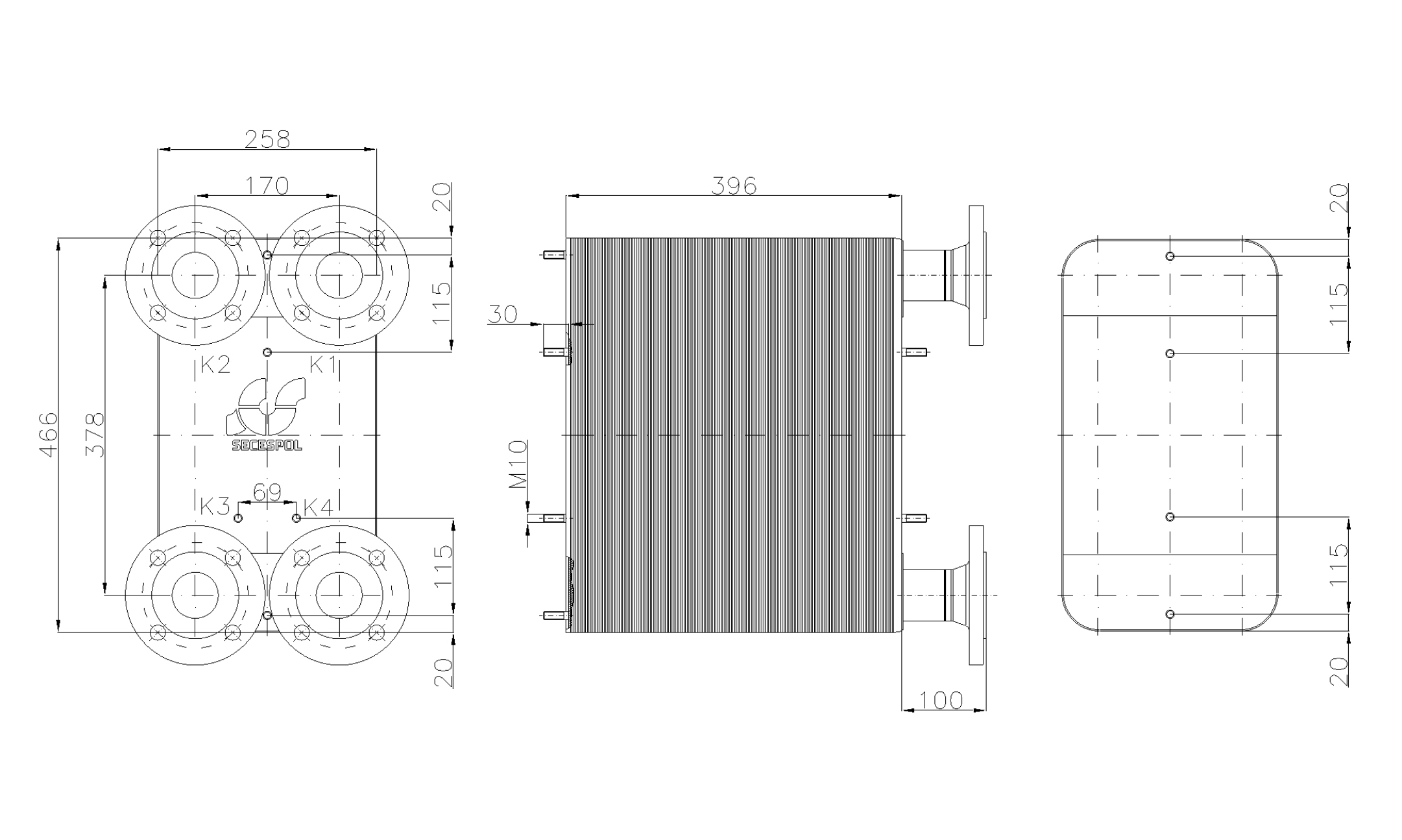 Габаритные размеры паяного пластинчатого теплообменника Secespol LC110-160L-DN50.CS