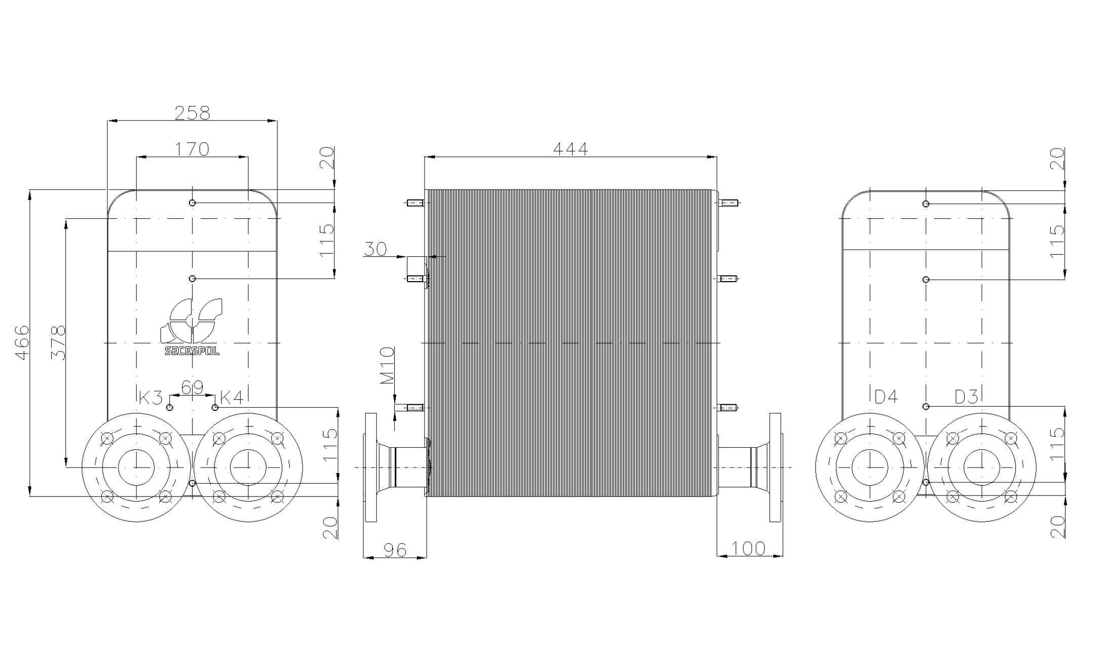 Габаритные размеры паяного пластинчатого теплообменника Secespol LC110-180L-2-DN50.CS