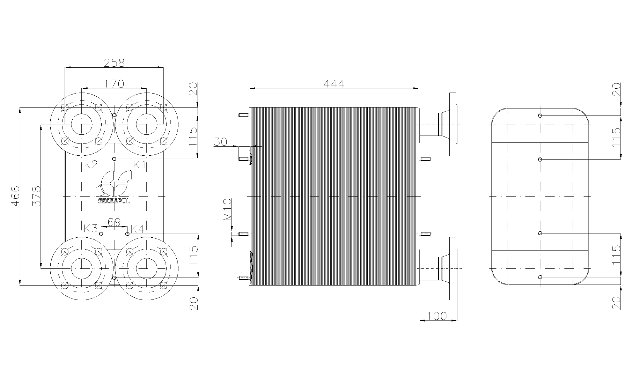 Габаритные размеры паяного пластинчатого теплообменника Secespol LC110-180L-DN50.CS