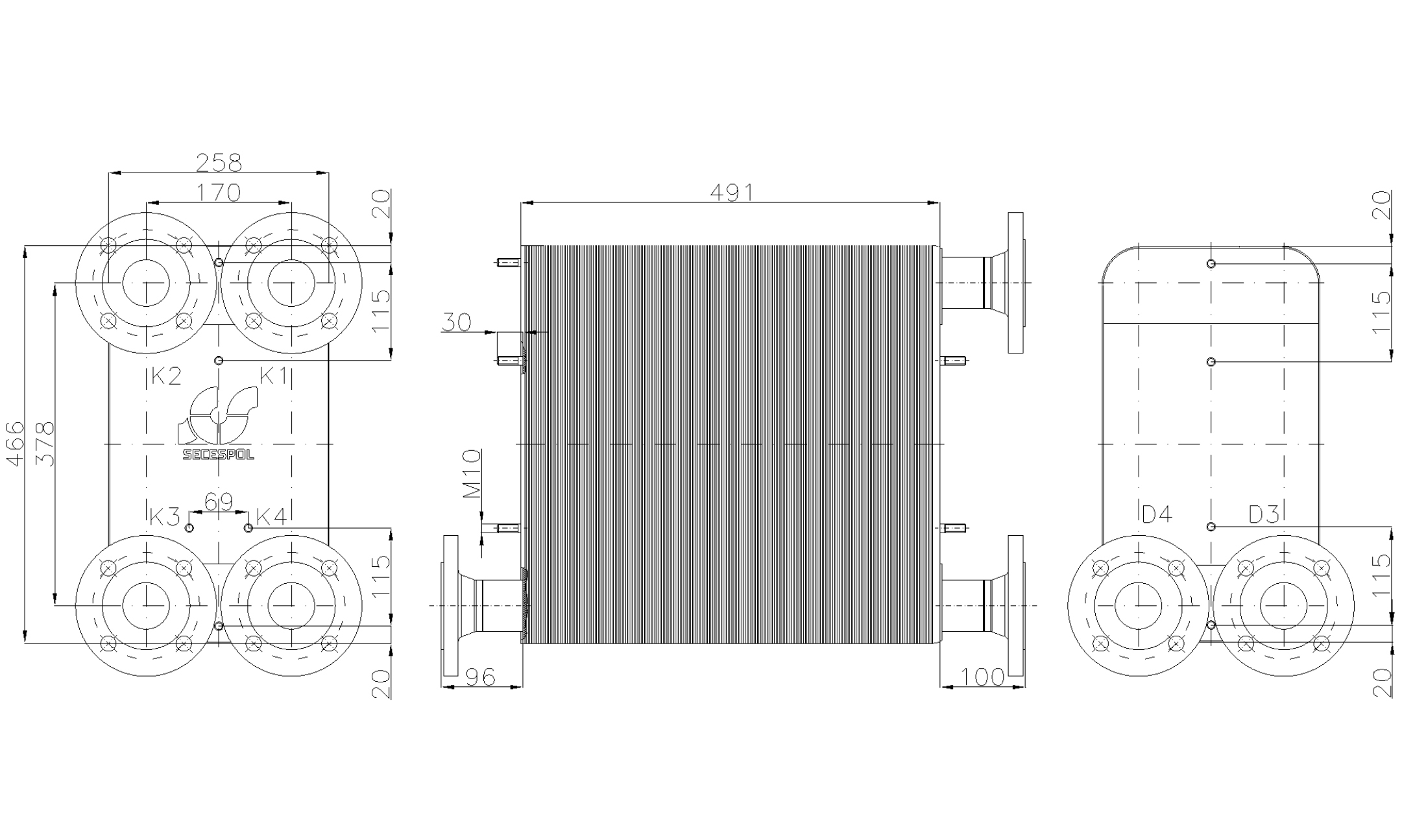 Габаритные размеры паяного пластинчатого теплообменника Secespol LC110-200L-2S-DN50.CS