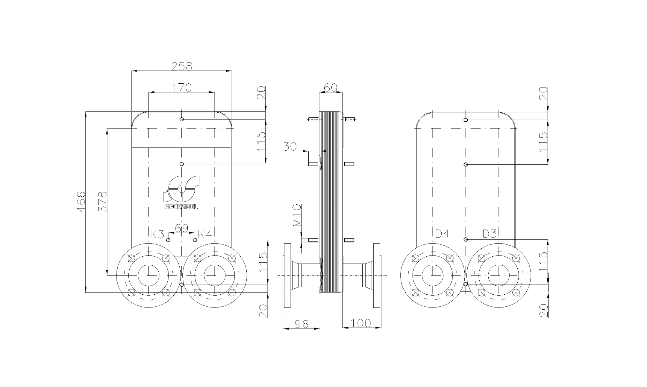 Габаритные размеры паяного пластинчатого теплообменника Secespol LC110-20L-2-DN50.CS