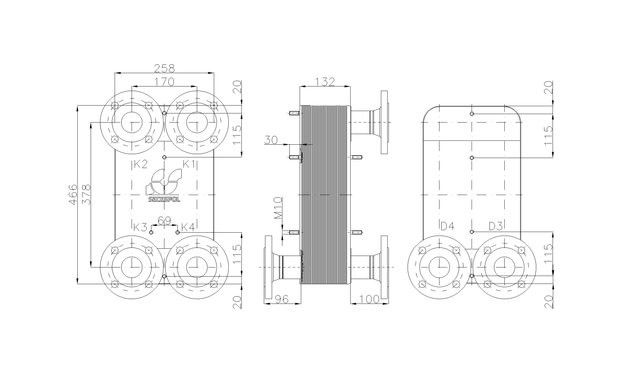 Габаритные размеры паяного пластинчатого теплообменника Secespol LC110-50L-2S-DN50.CS