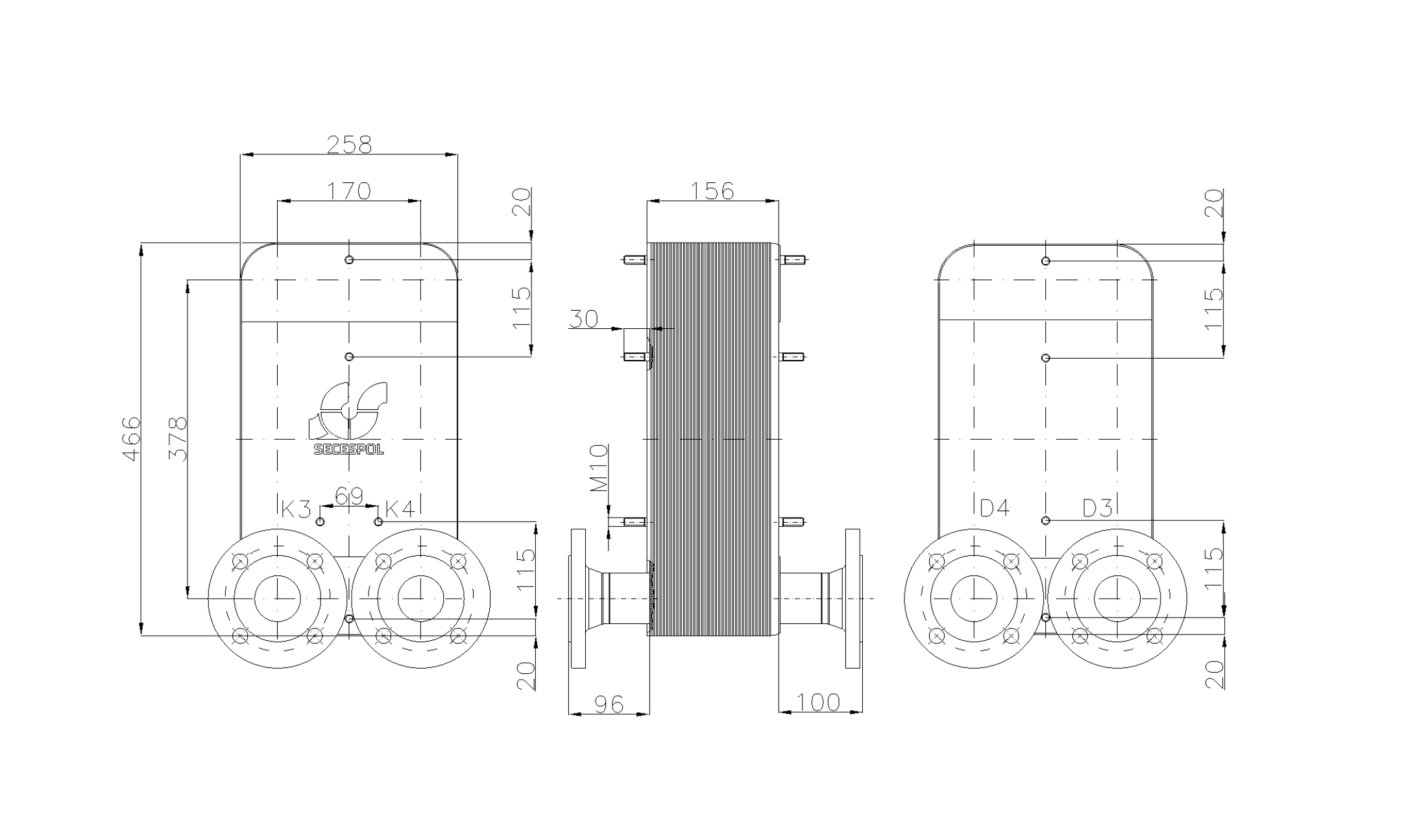 Габаритные размеры паяного пластинчатого теплообменника Secespol LC110-60L-2-DN50.CS