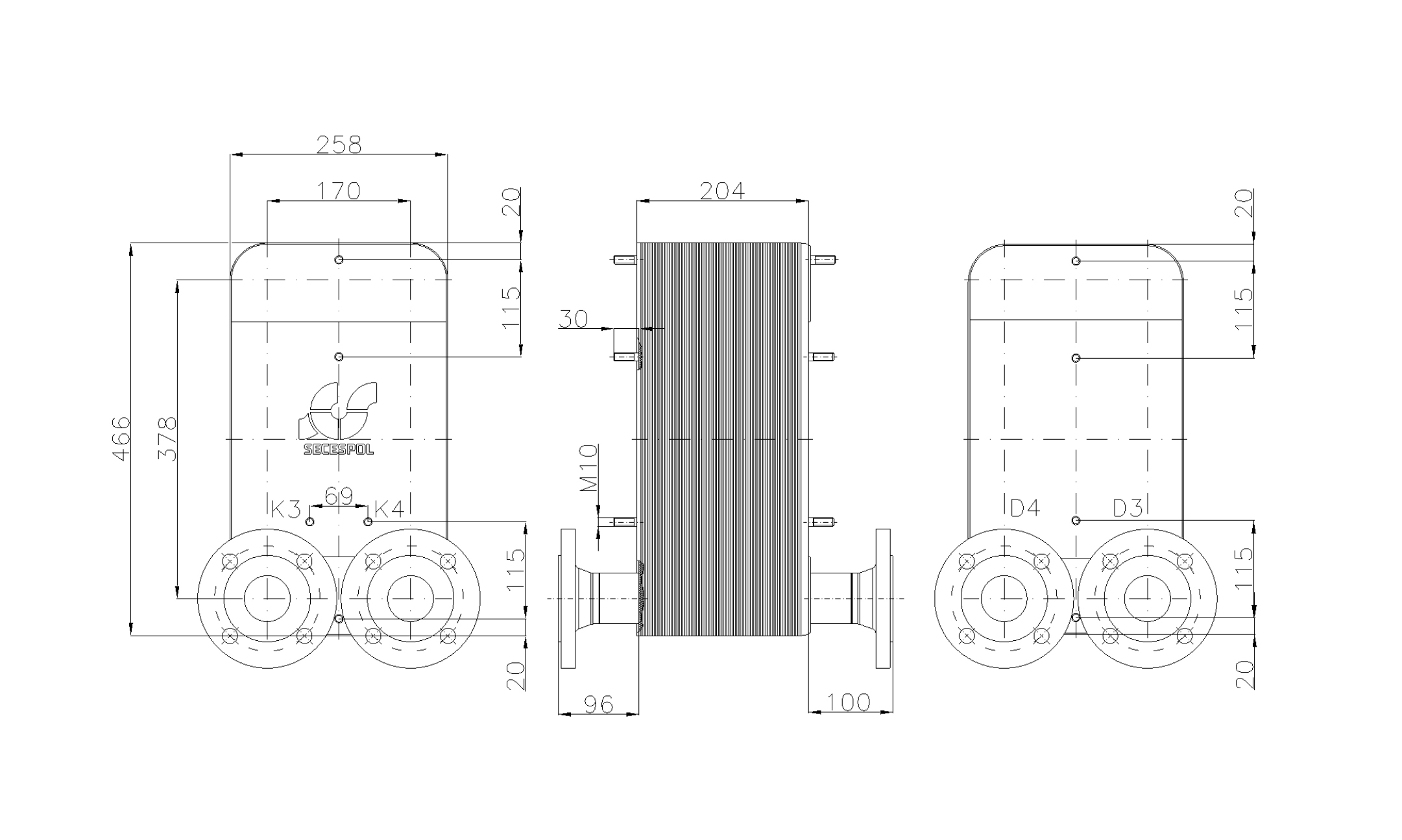 Габаритные размеры паяного пластинчатого теплообменника Secespol LC110-80L-2-DN50.CS