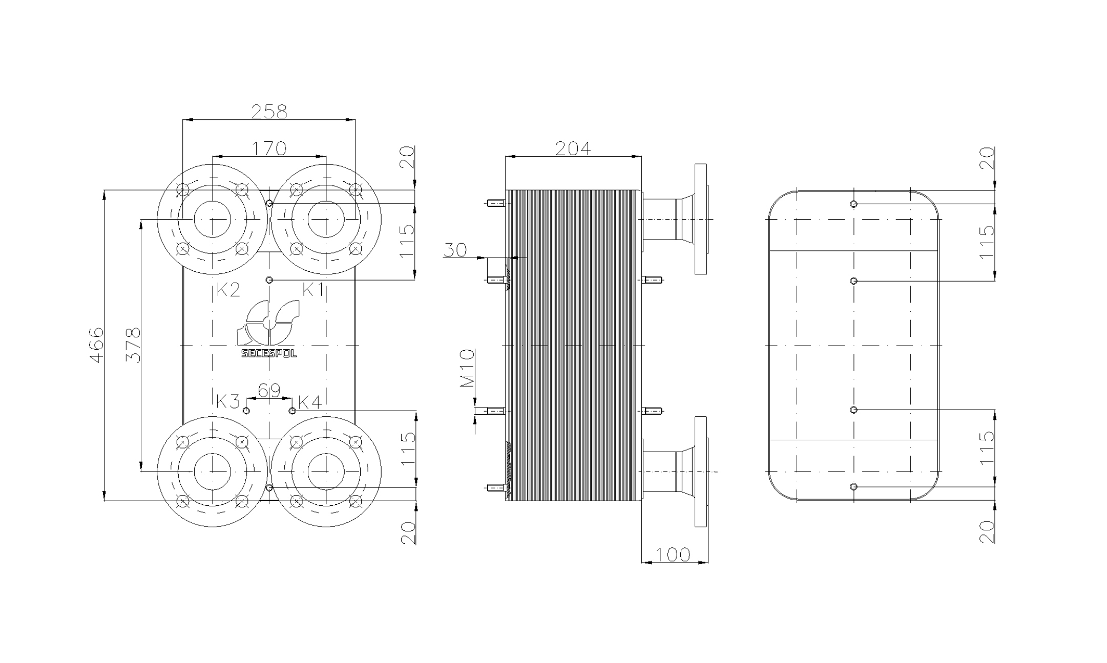 Габаритные размеры паяного пластинчатого теплообменника Secespol LC110-80L-DN50.CS