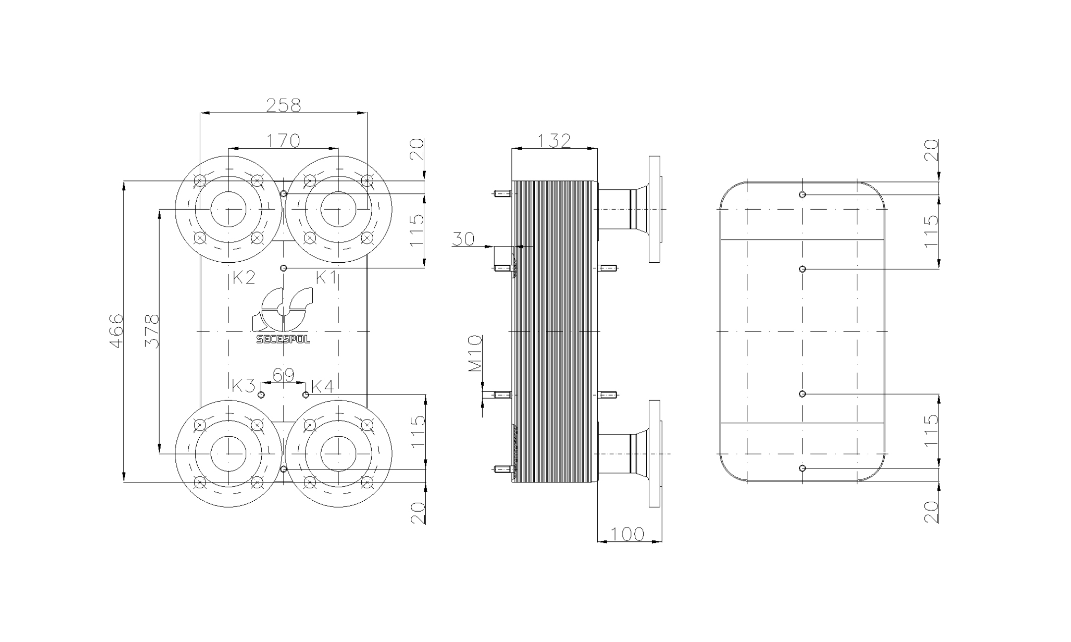 Габаритные размеры паяного пластинчатого теплообменника Secespol LC110-50L-DN50.SS