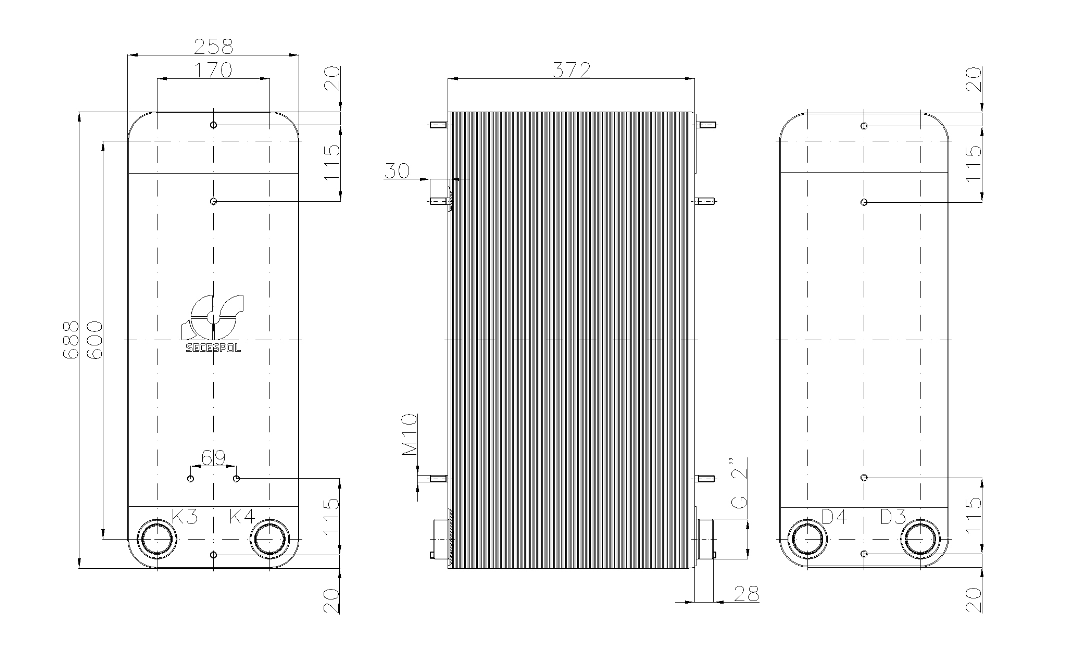 Габаритные размеры паяного пластинчатого теплообменника Secespol LC170-150-2-2"