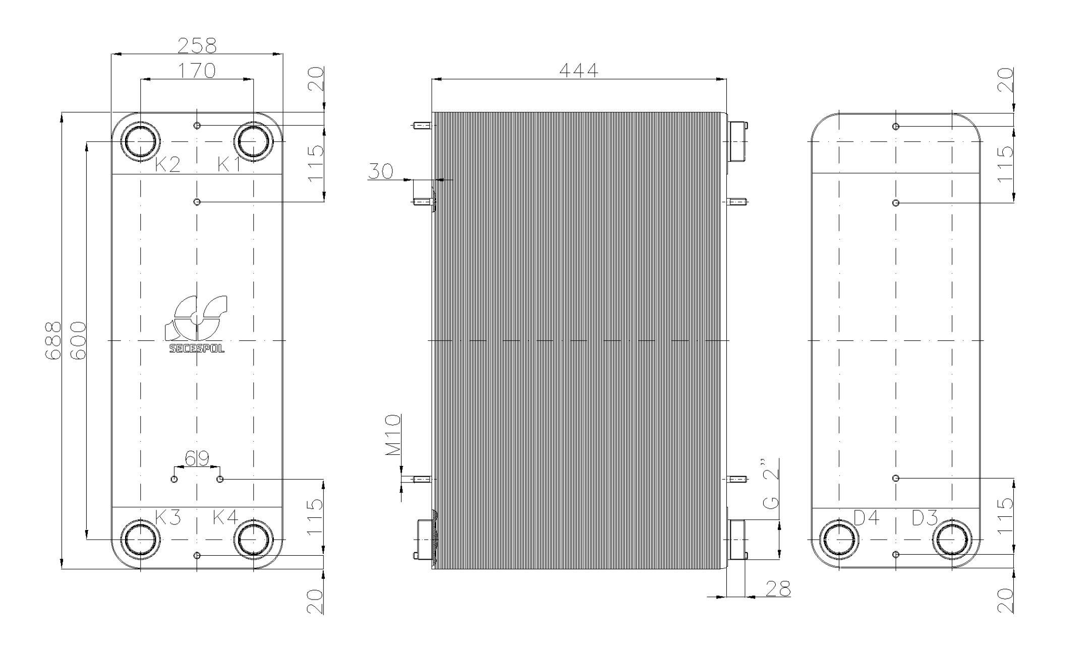 Габаритные размеры паяного пластинчатого теплообменника Secespol LC170-180-2S-2"