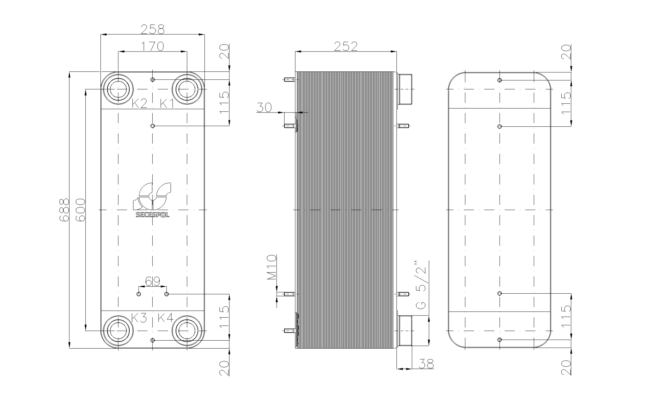 Габаритные размеры паяного пластинчатого теплообменника Secespol LC170-100-2,5"