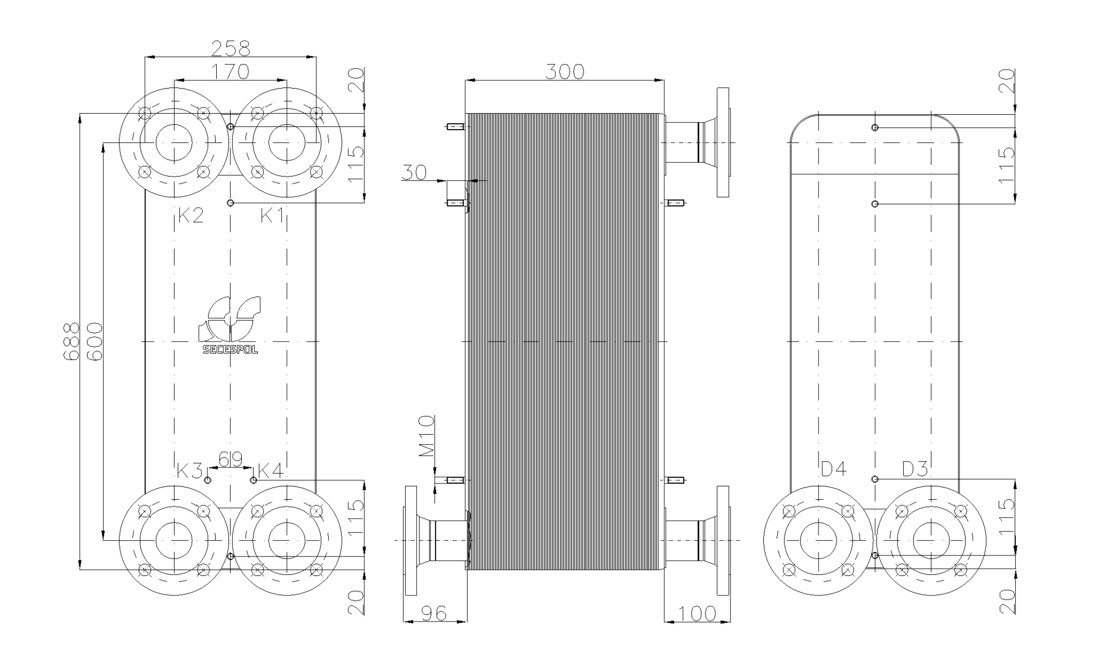 Габаритные размеры паяного пластинчатого теплообменника Secespol LC170-120-2S-DN50.SS