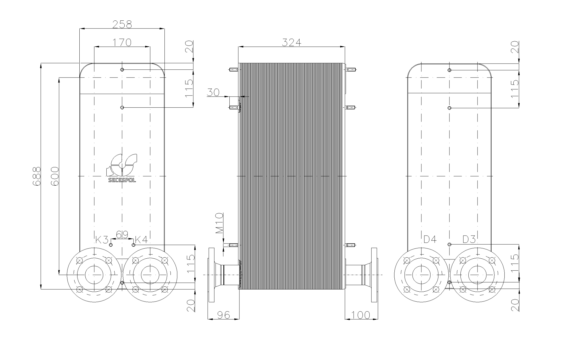 Габаритные размеры паяного пластинчатого теплообменника Secespol LC170-130-2-DN50.SS