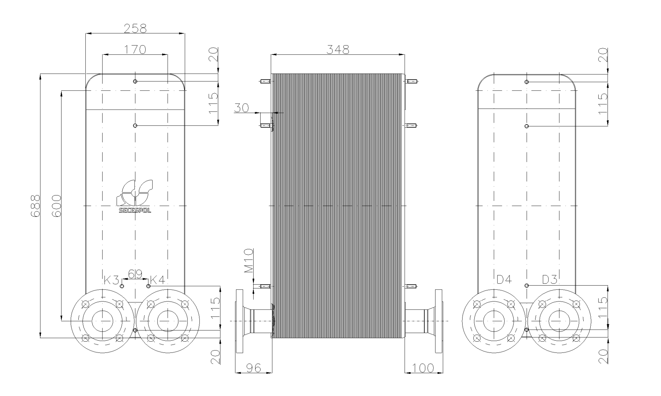 Габаритные размеры паяного пластинчатого теплообменника Secespol LC170-140-2-DN50.SS