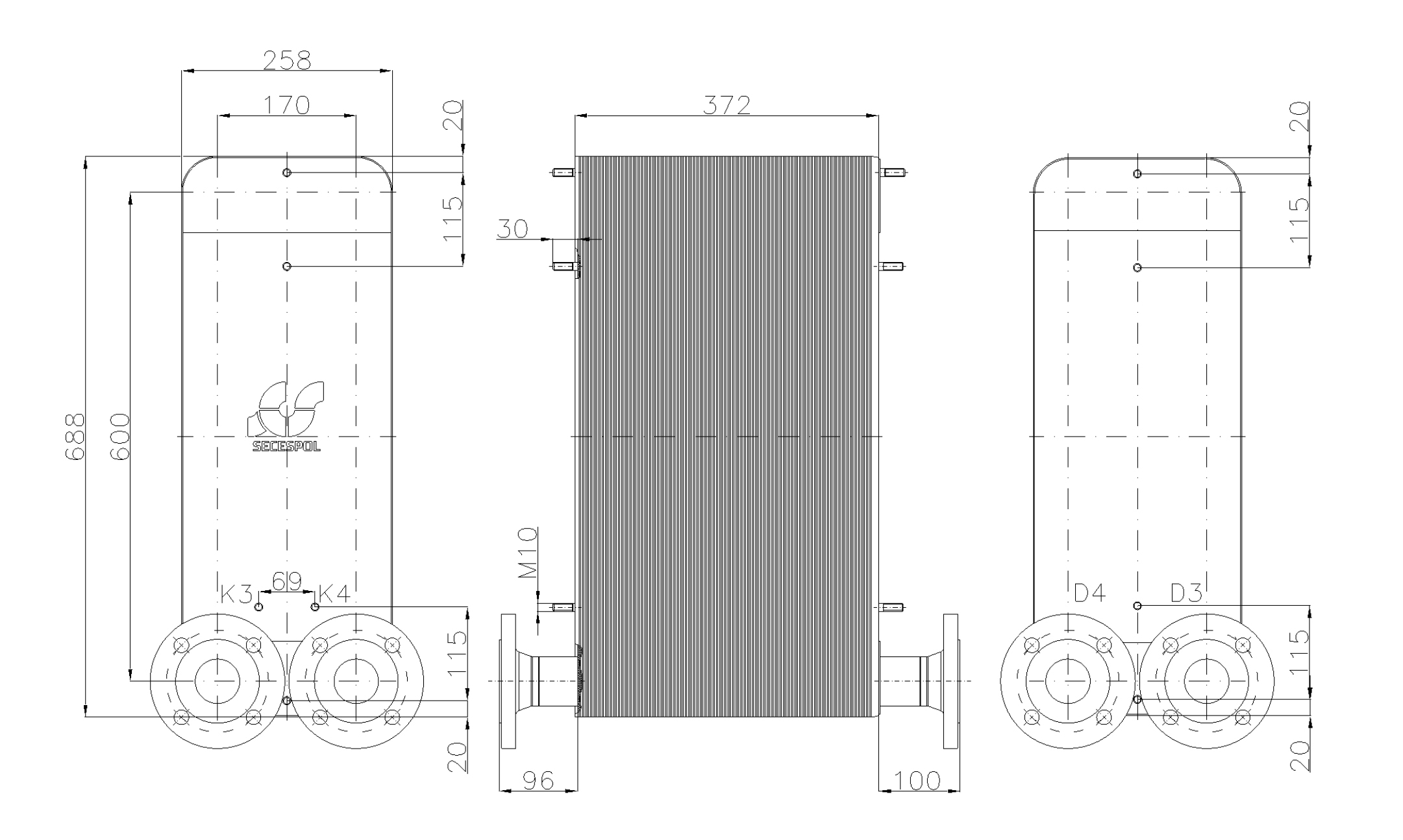 Габаритные размеры паяного пластинчатого теплообменника Secespol LC170-150-2-DN50.SS