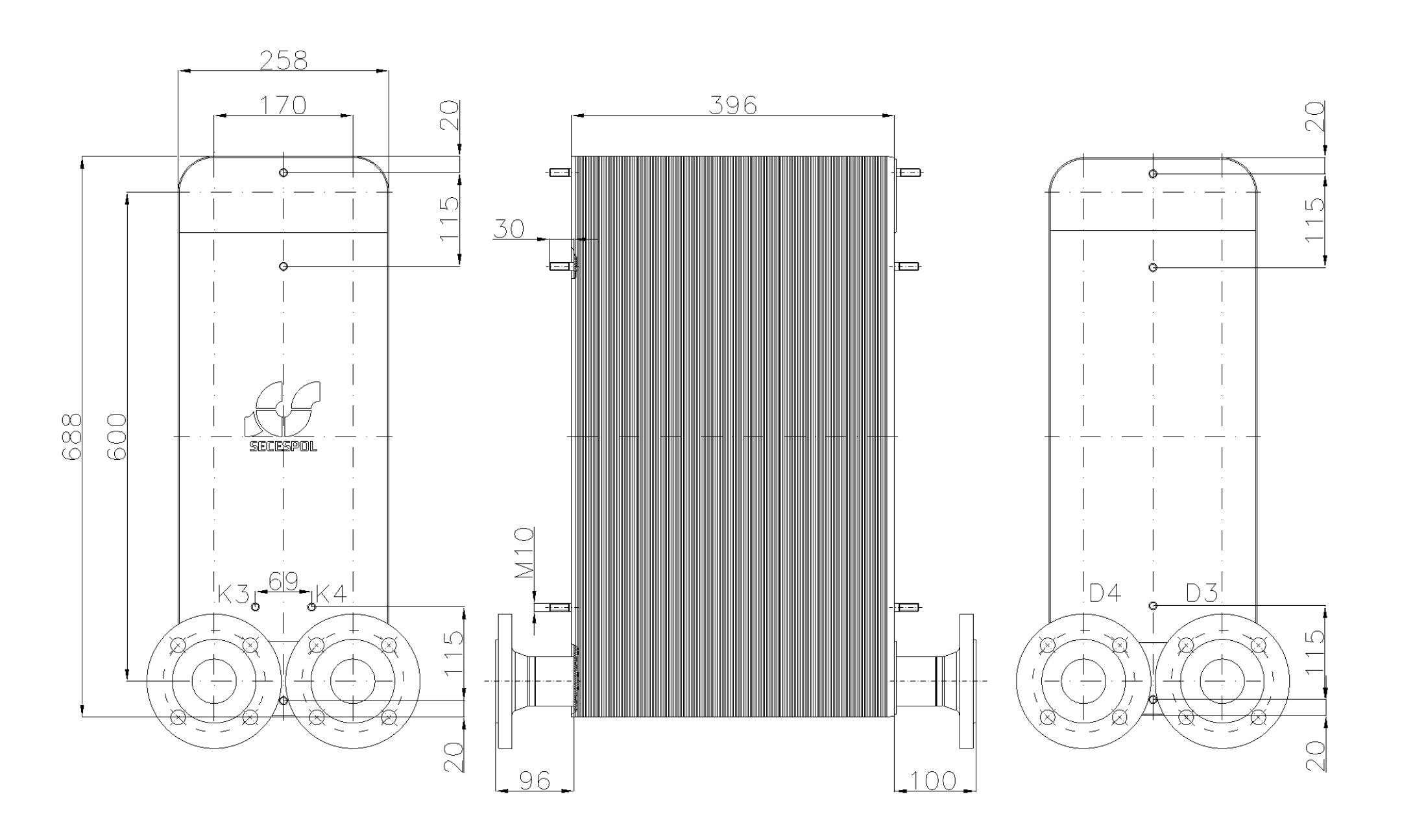 Габаритные размеры паяного пластинчатого теплообменника Secespol LC170-160-2-DN50.SS