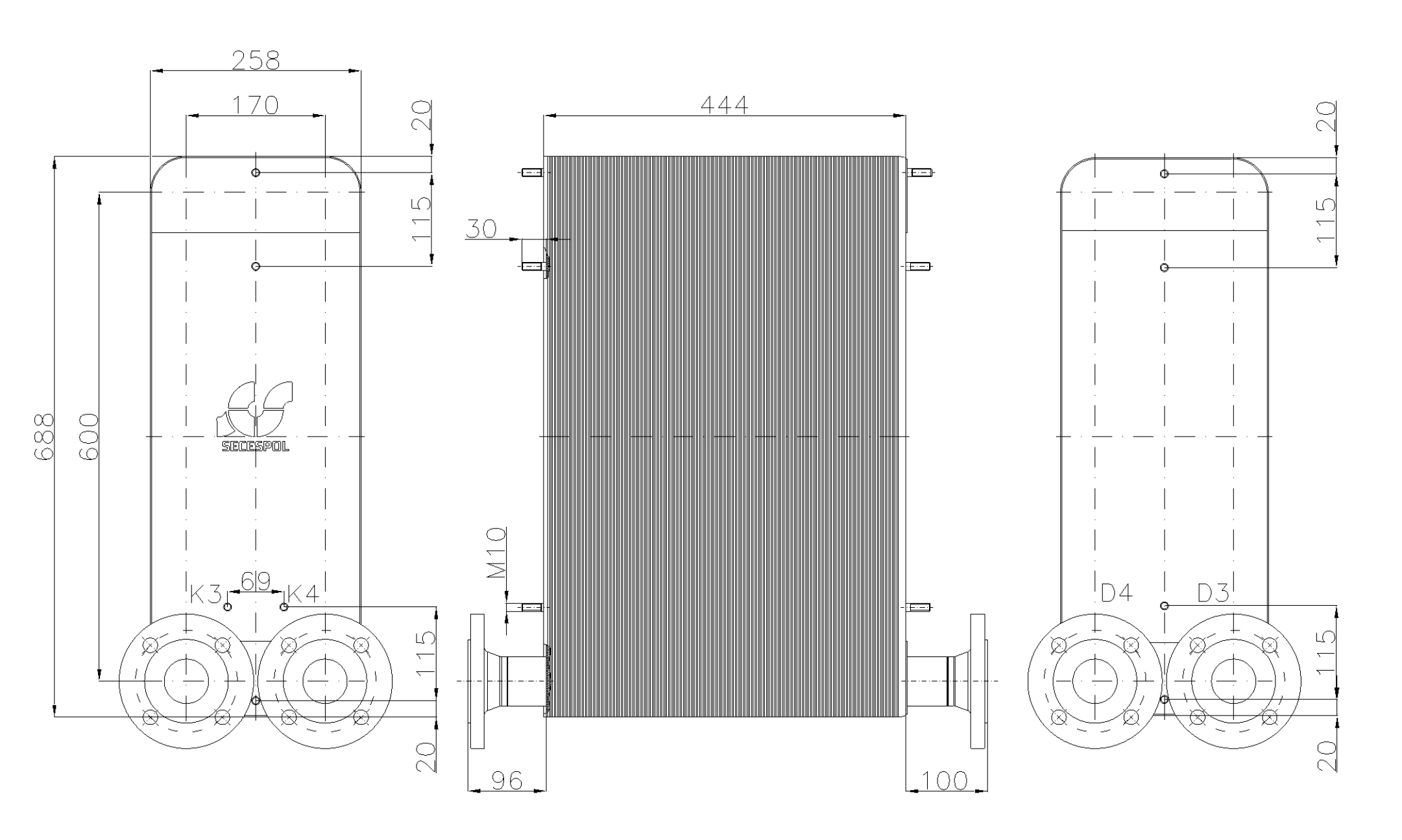 Габаритные размеры паяного пластинчатого теплообменника Secespol LC170-180-2-DN50.SS
