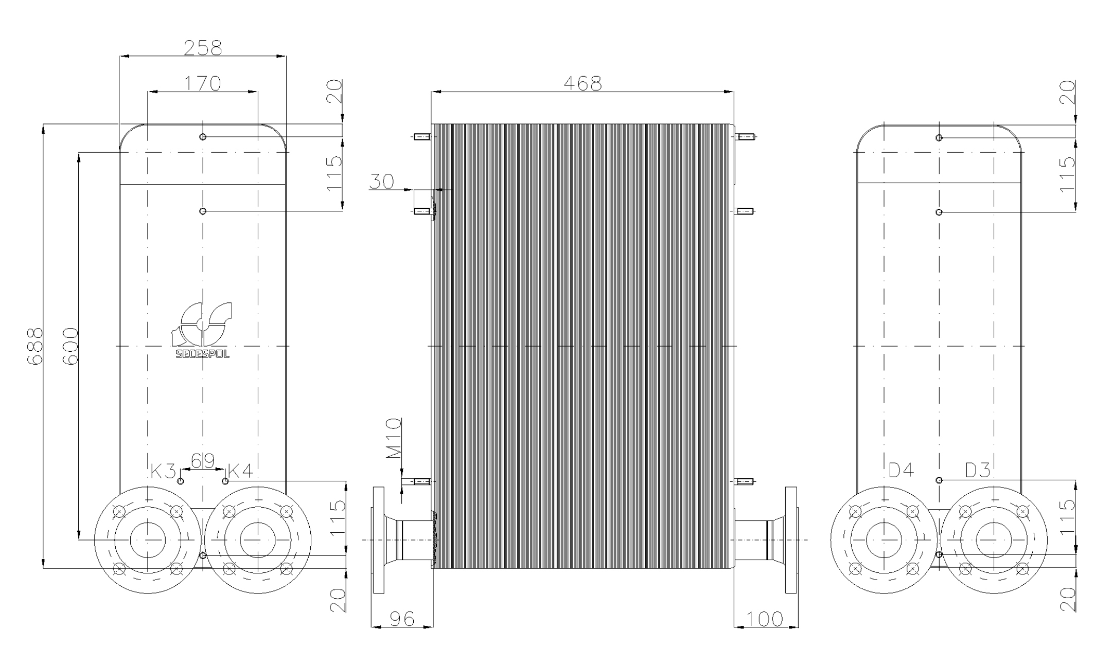 Габаритные размеры паяного пластинчатого теплообменника Secespol LC170-190-2-DN50.SS