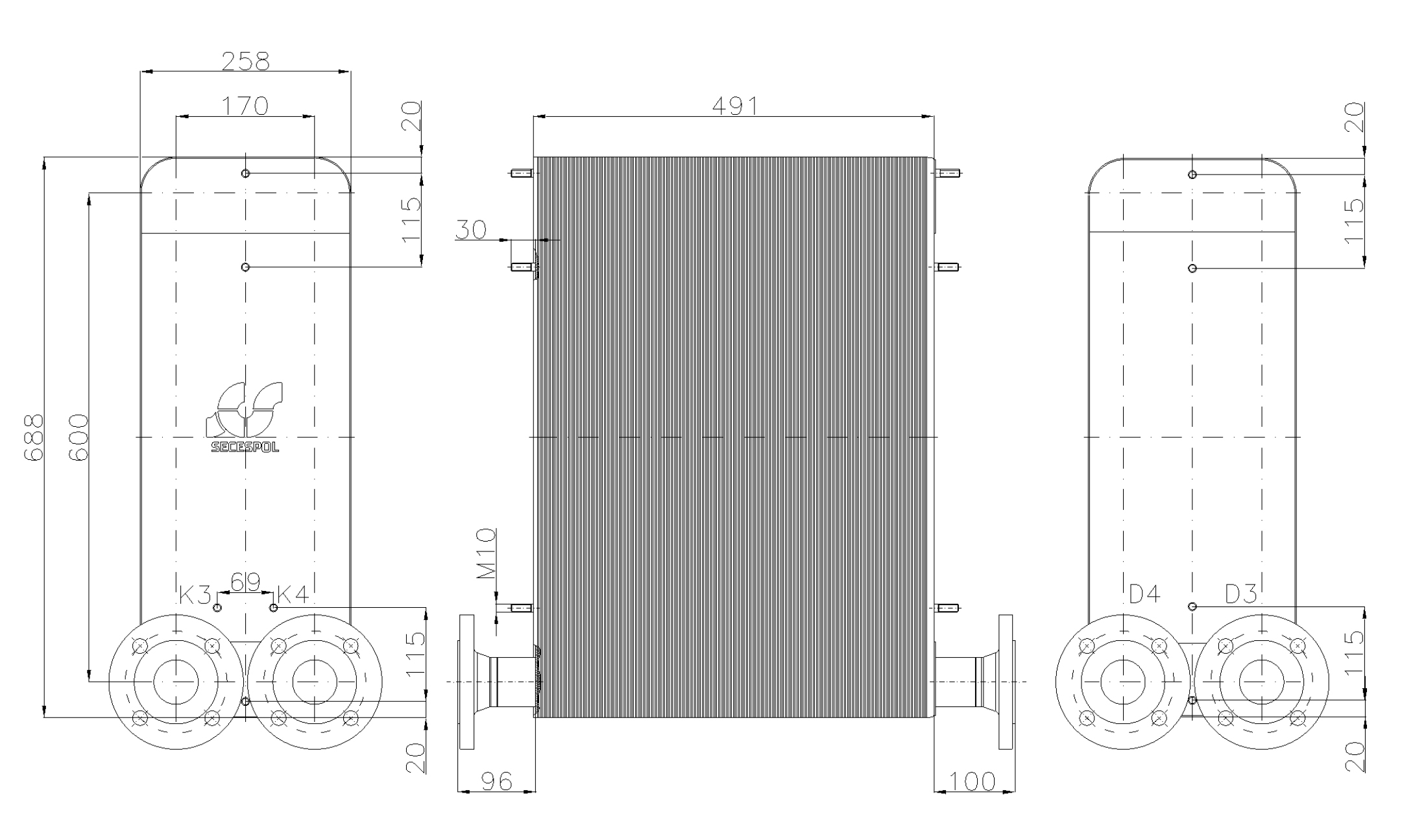 Габаритные размеры паяного пластинчатого теплообменника Secespol LC170-200-2-DN50.SS