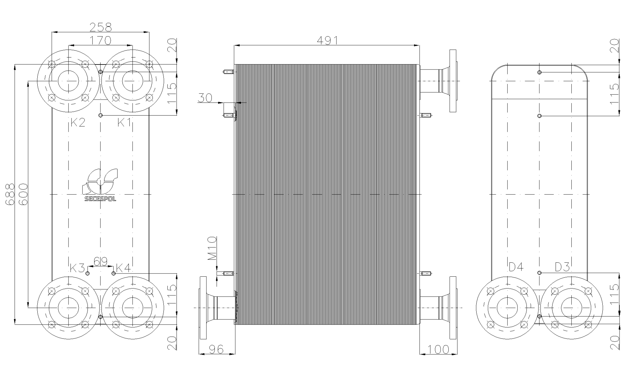 Габаритные размеры паяного пластинчатого теплообменника Secespol LC170-200-2S-DN50.SS