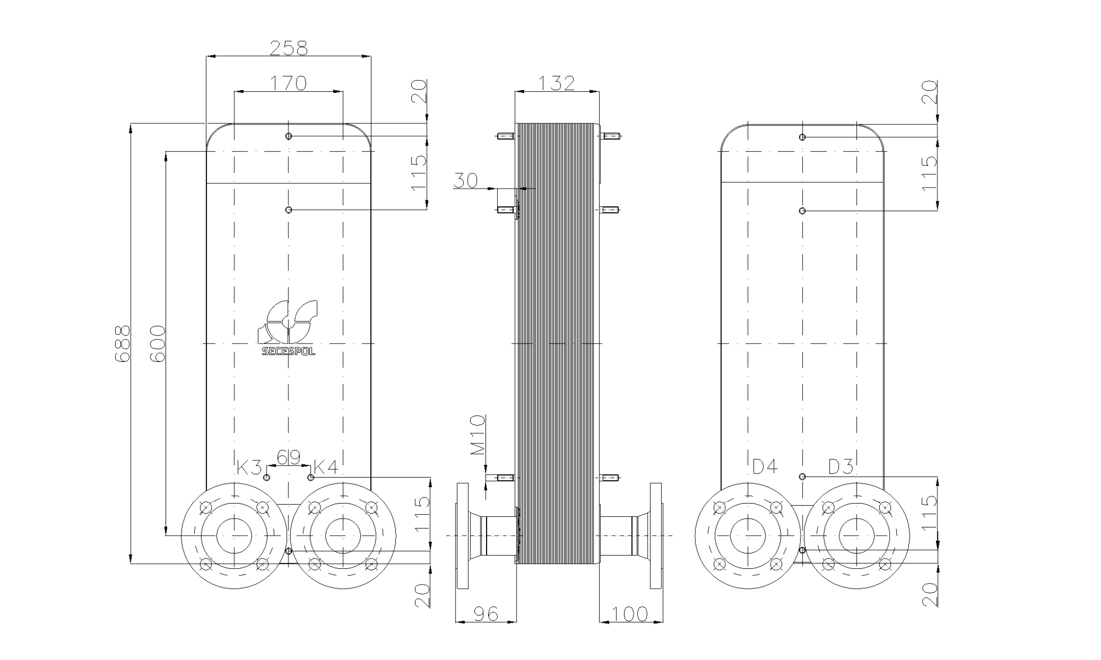 Габаритные размеры паяного пластинчатого теплообменника Secespol LC170-50-2-DN50.SS
