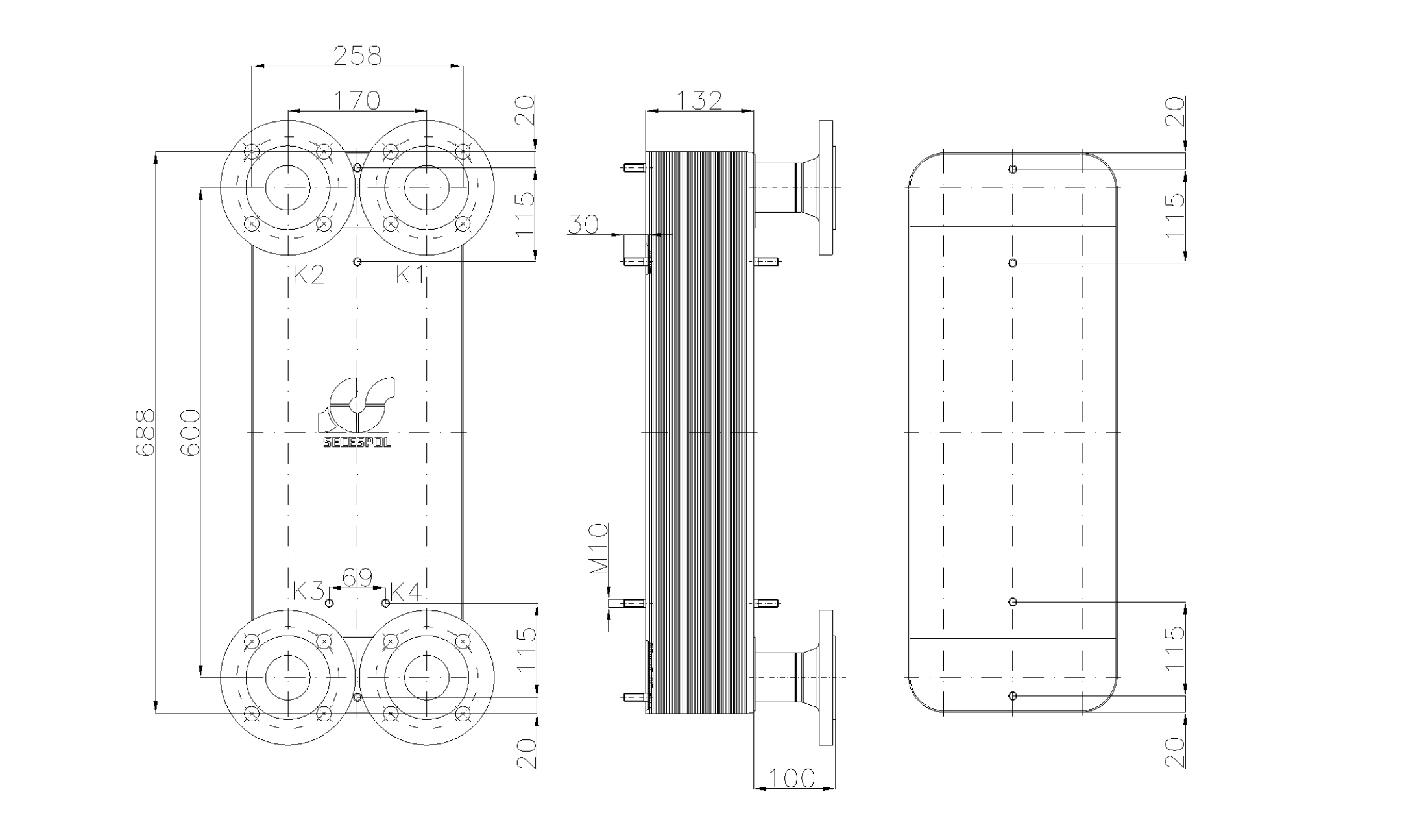 Габаритные размеры паяного пластинчатого теплообменника Secespol LC170-50-DN50.SS