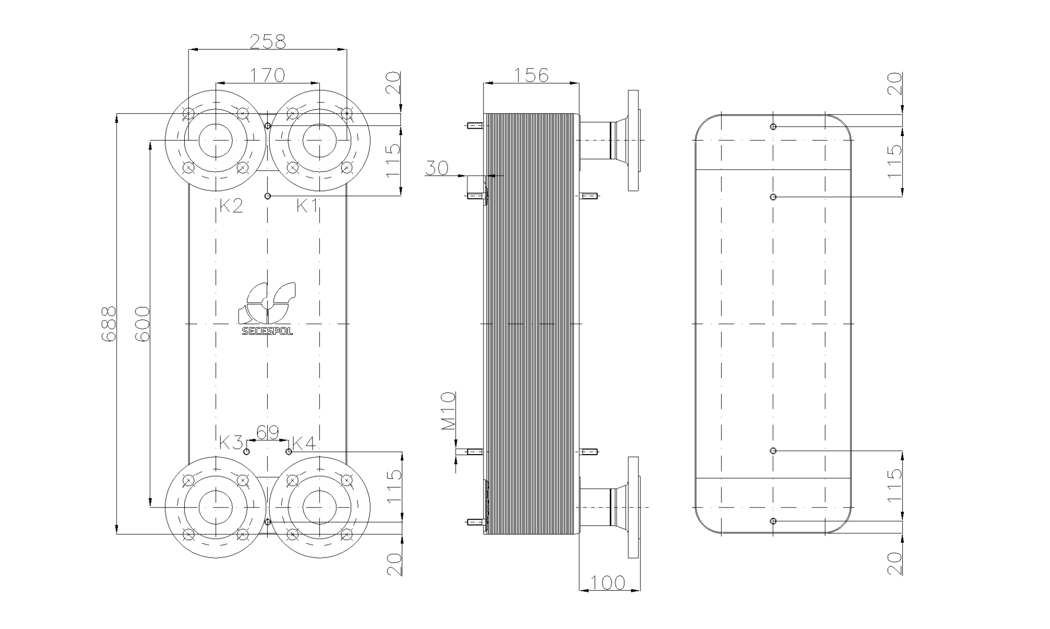Габаритные размеры паяного пластинчатого теплообменника Secespol LC170-60-DN50.SS