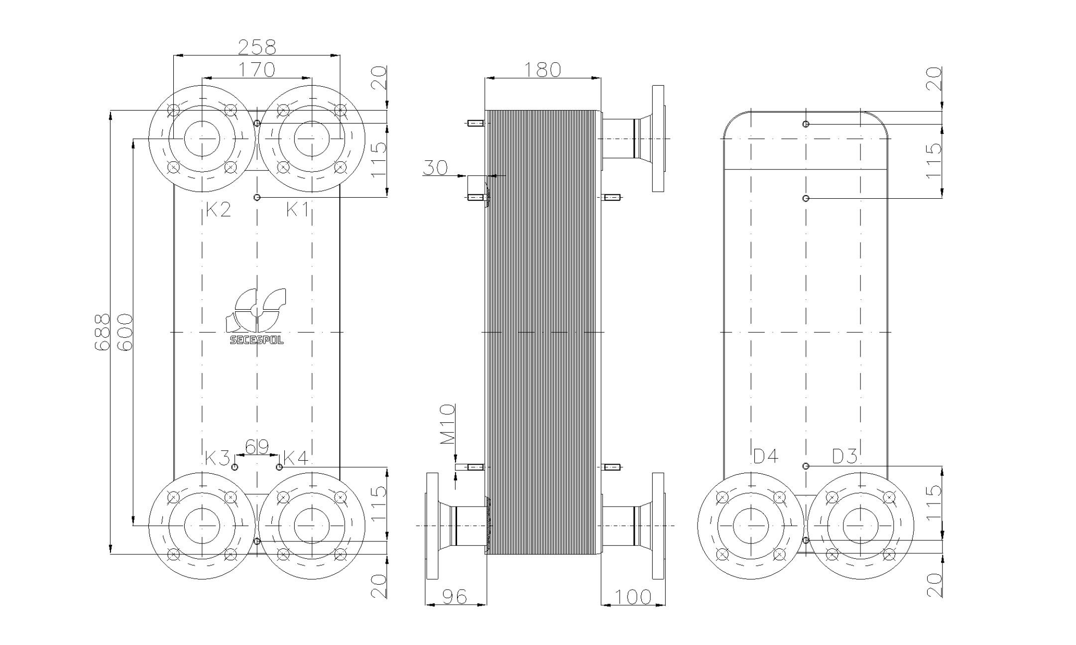Габаритные размеры паяного пластинчатого теплообменника Secespol LC170-70-2S-DN50.SS
