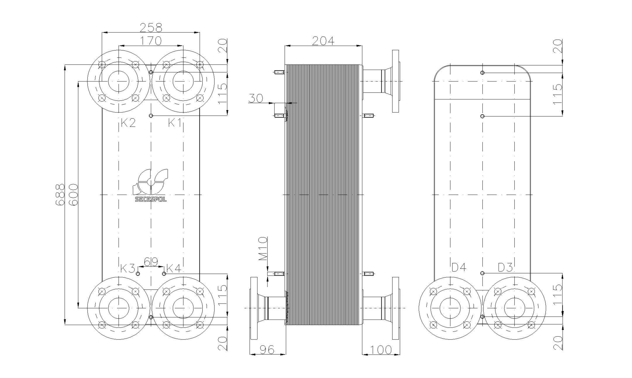 Габаритные размеры паяного пластинчатого теплообменника Secespol LC170-80-2S-DN50.SS