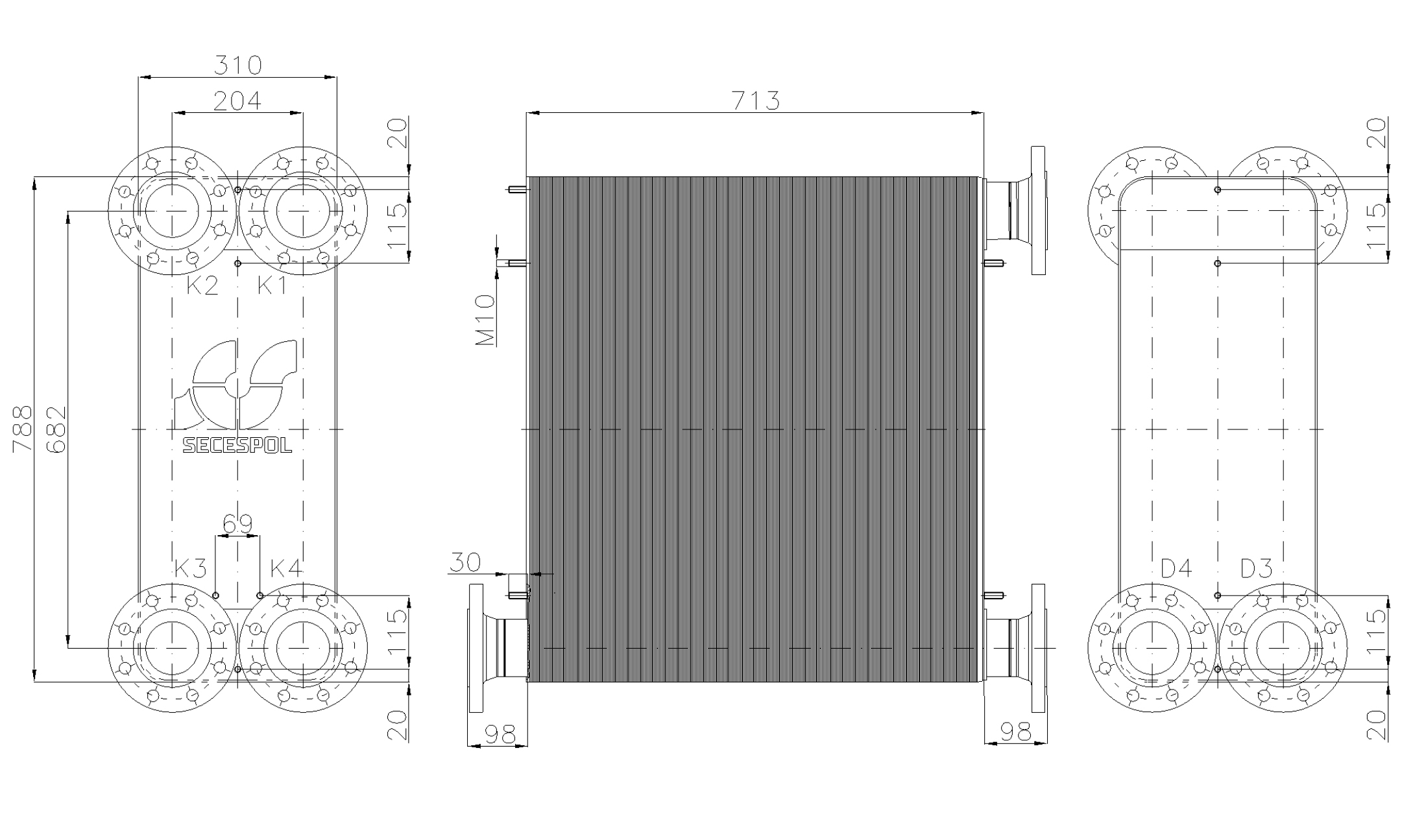 Габаритные размеры паяного пластинчатого теплообменника Secespol LD235-280L-2S-DN80.CS
