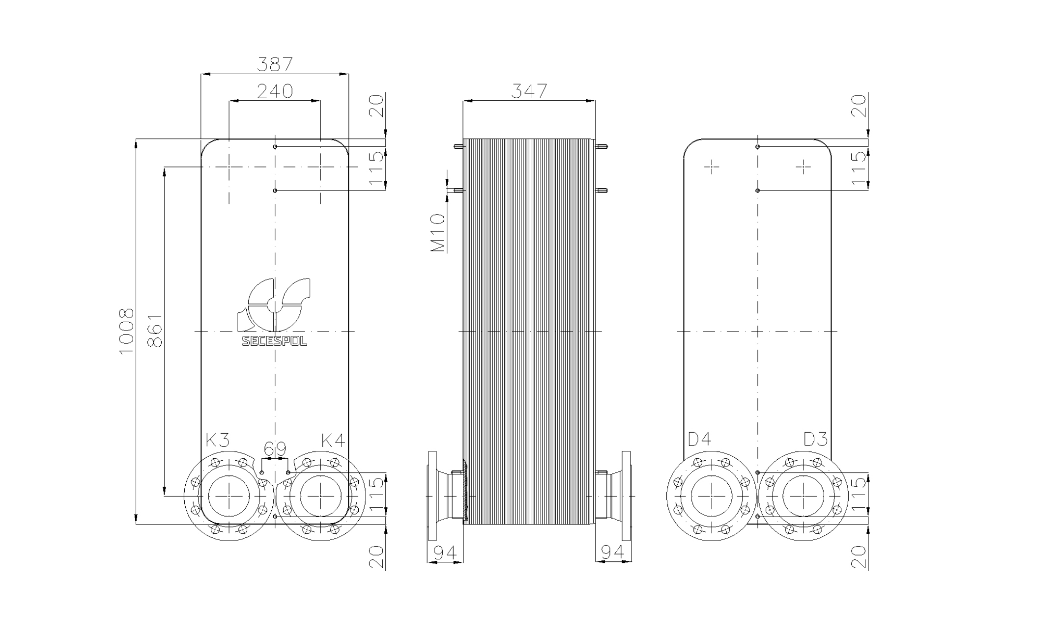 Габаритные размеры паяного пластинчатого теплообменника Secespol LE400-120-2-DN100.SS