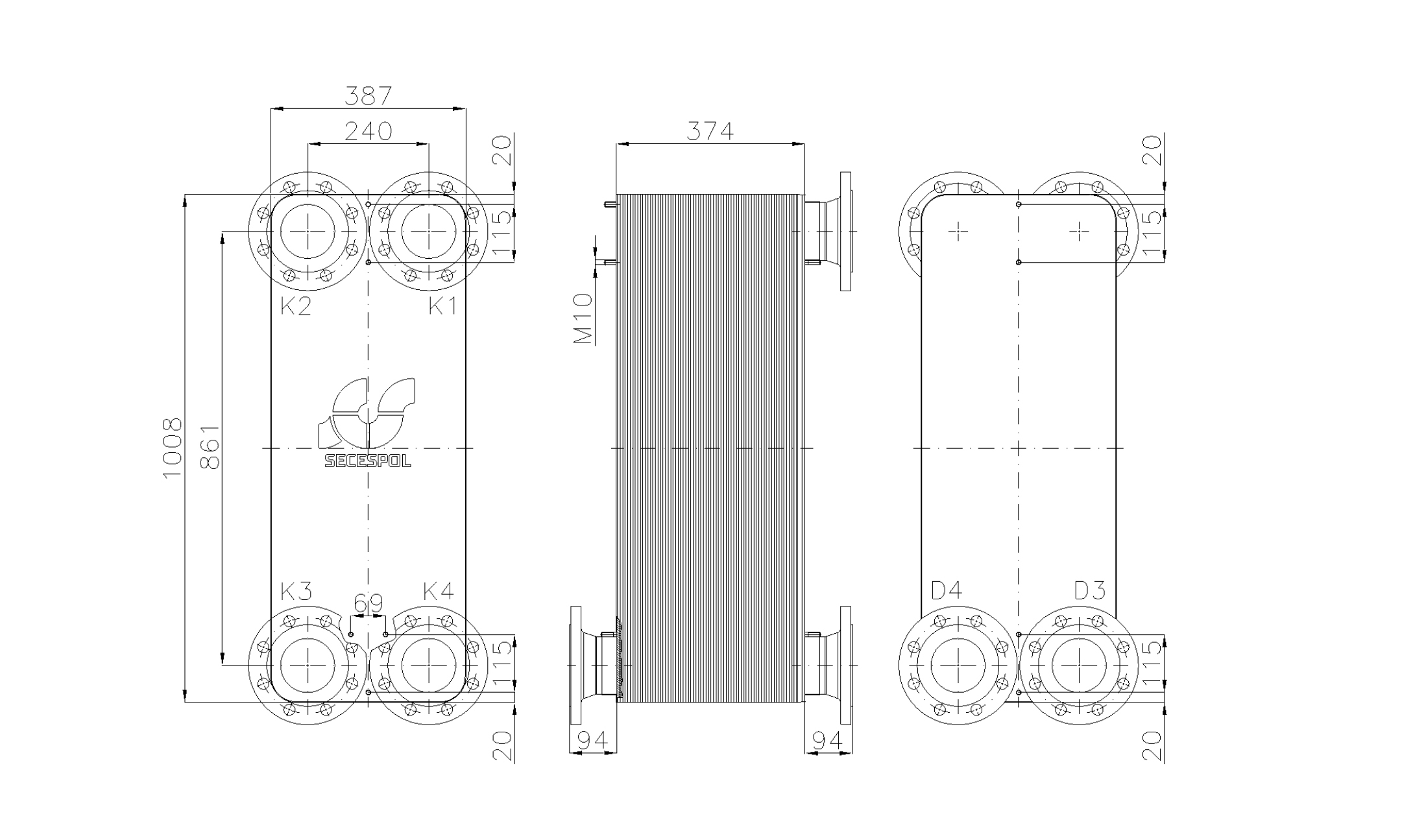 Габаритные размеры паяного пластинчатого теплообменника Secespol LE400-130-2S-DN100.SS