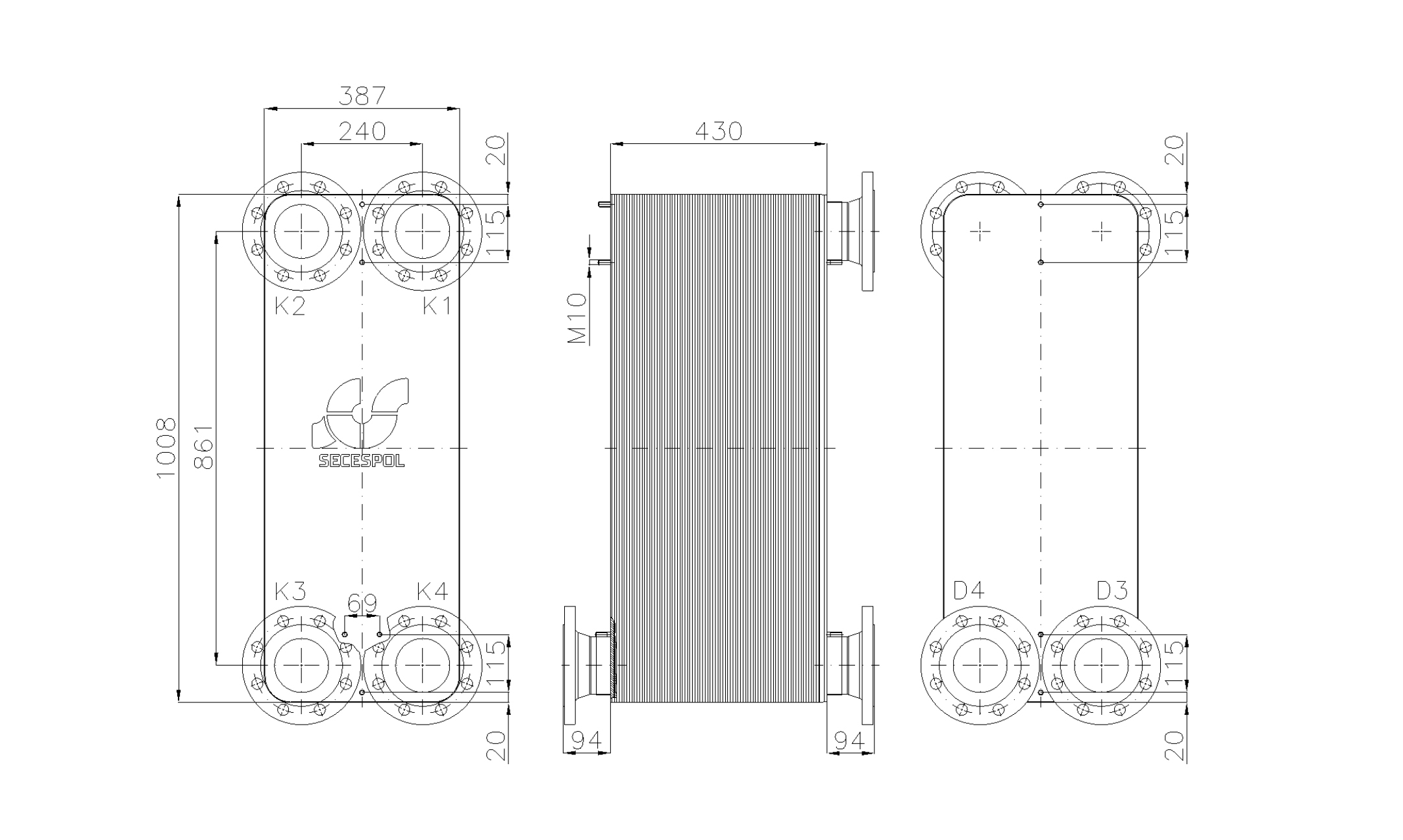 Габаритные размеры паяного пластинчатого теплообменника Secespol LE400-150-2S-DN100.SS