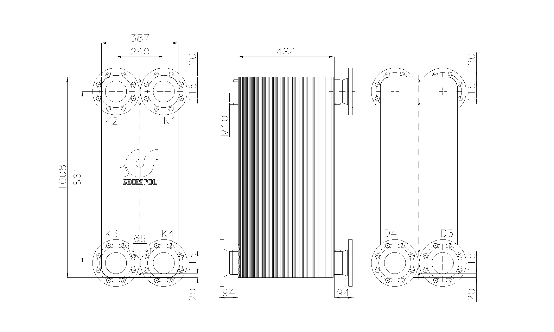 Габаритные размеры паяного пластинчатого теплообменника Secespol LE400-170-2S-DN100.SS