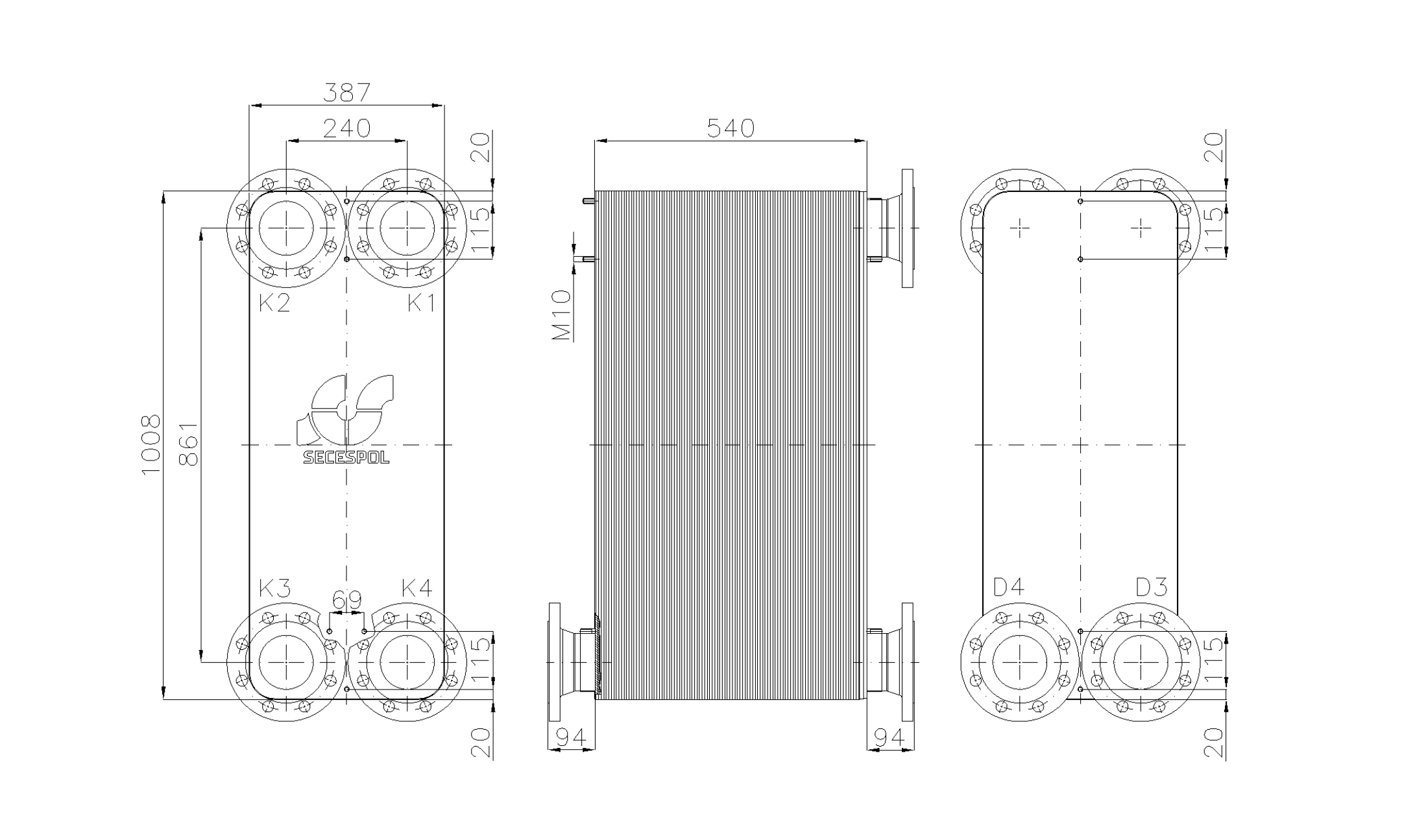 Габаритные размеры паяного пластинчатого теплообменника Secespol LE400-190-2S-DN100.SS
