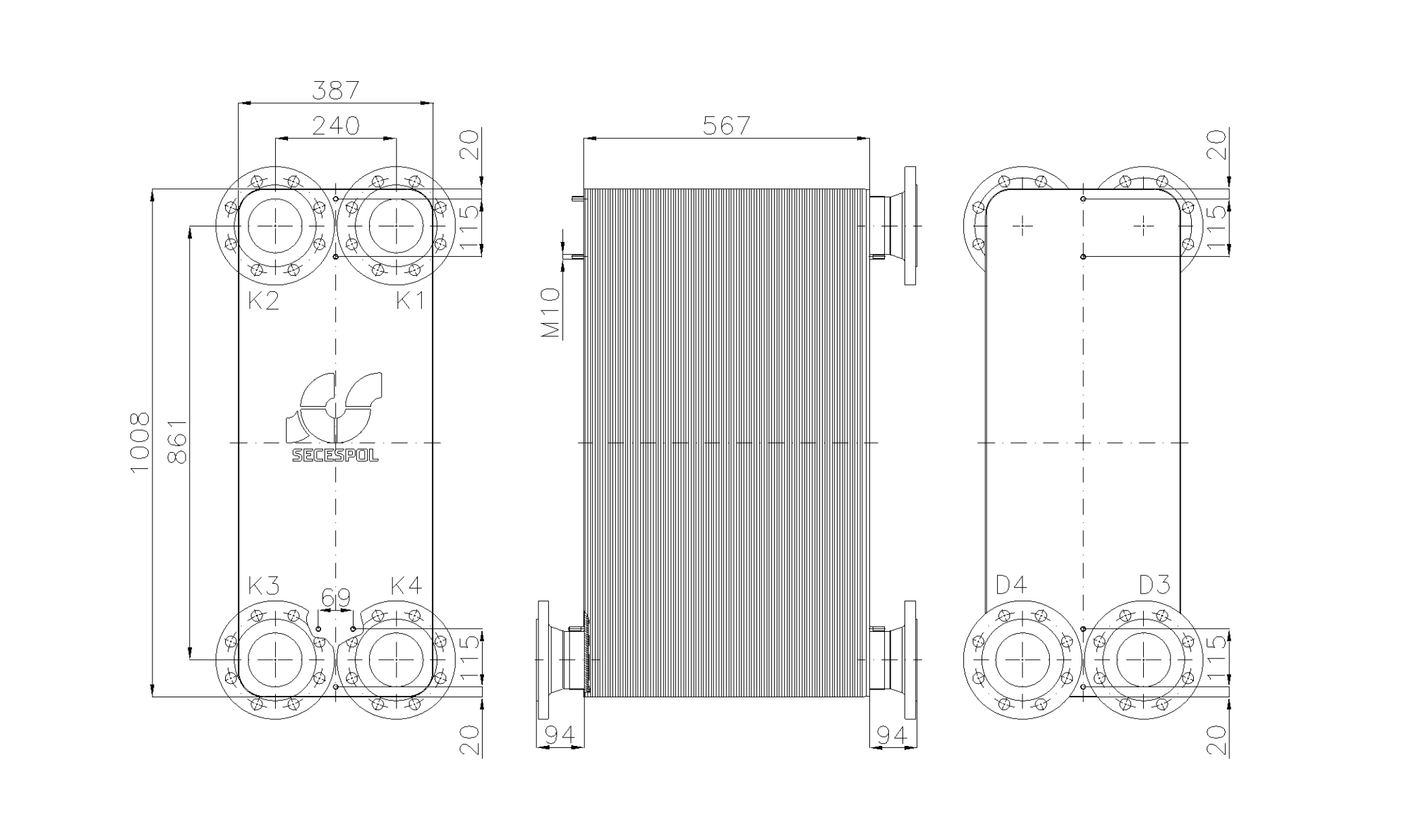 Габаритные размеры паяного пластинчатого теплообменника Secespol LE400-200-2S-DN100.SS
