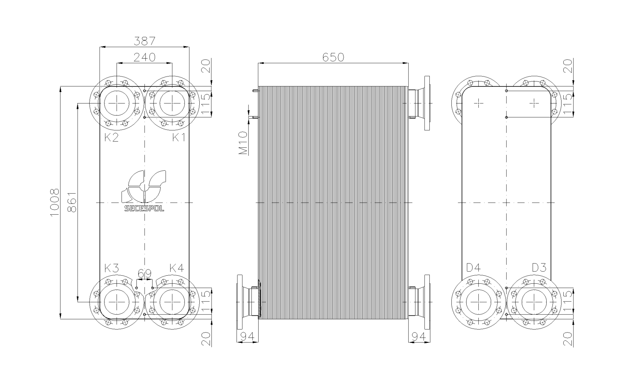 Габаритные размеры паяного пластинчатого теплообменника Secespol LE400-230-2S-DN100.SS