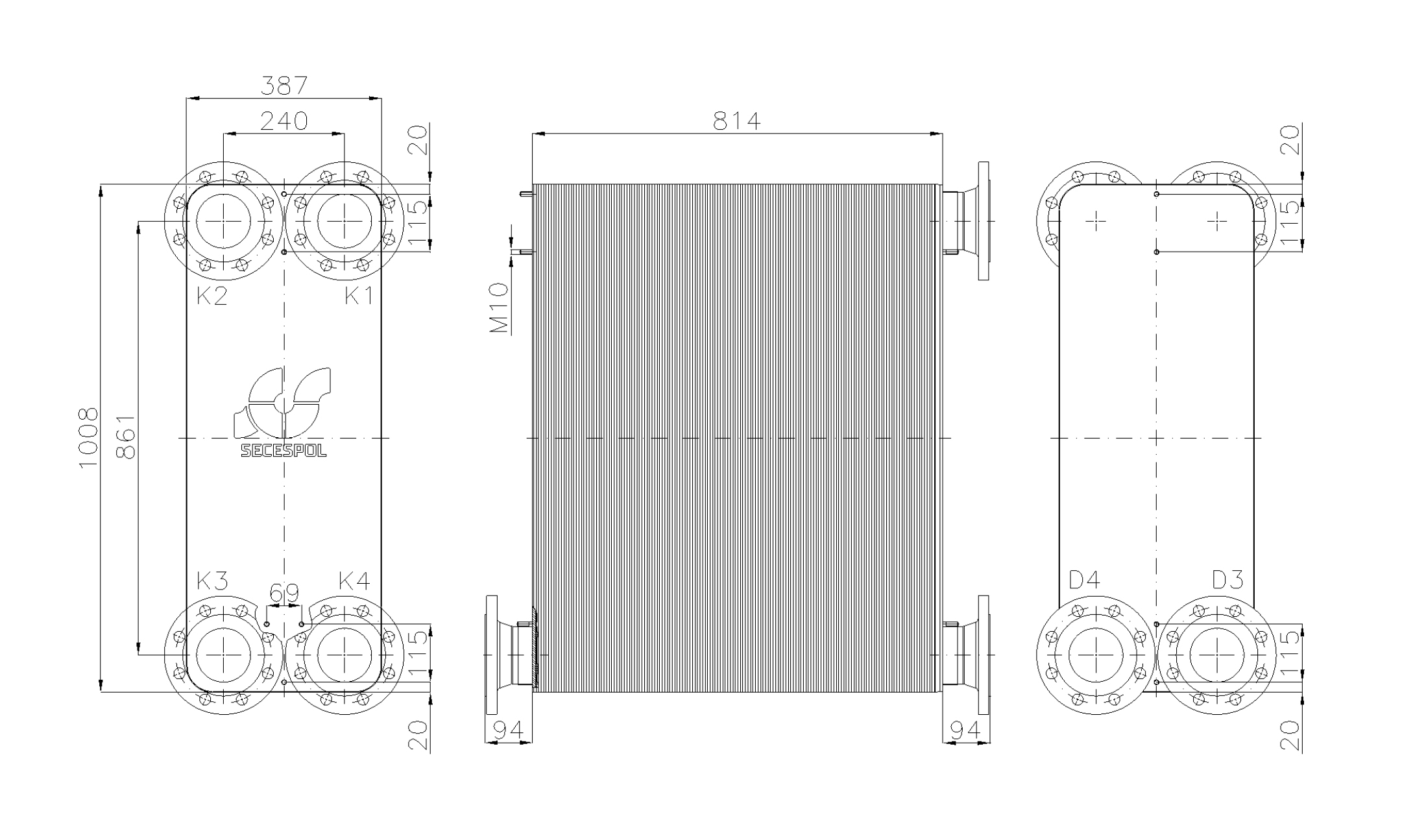 Габаритные размеры паяного пластинчатого теплообменника Secespol LE400-290-2S-DN100.SS