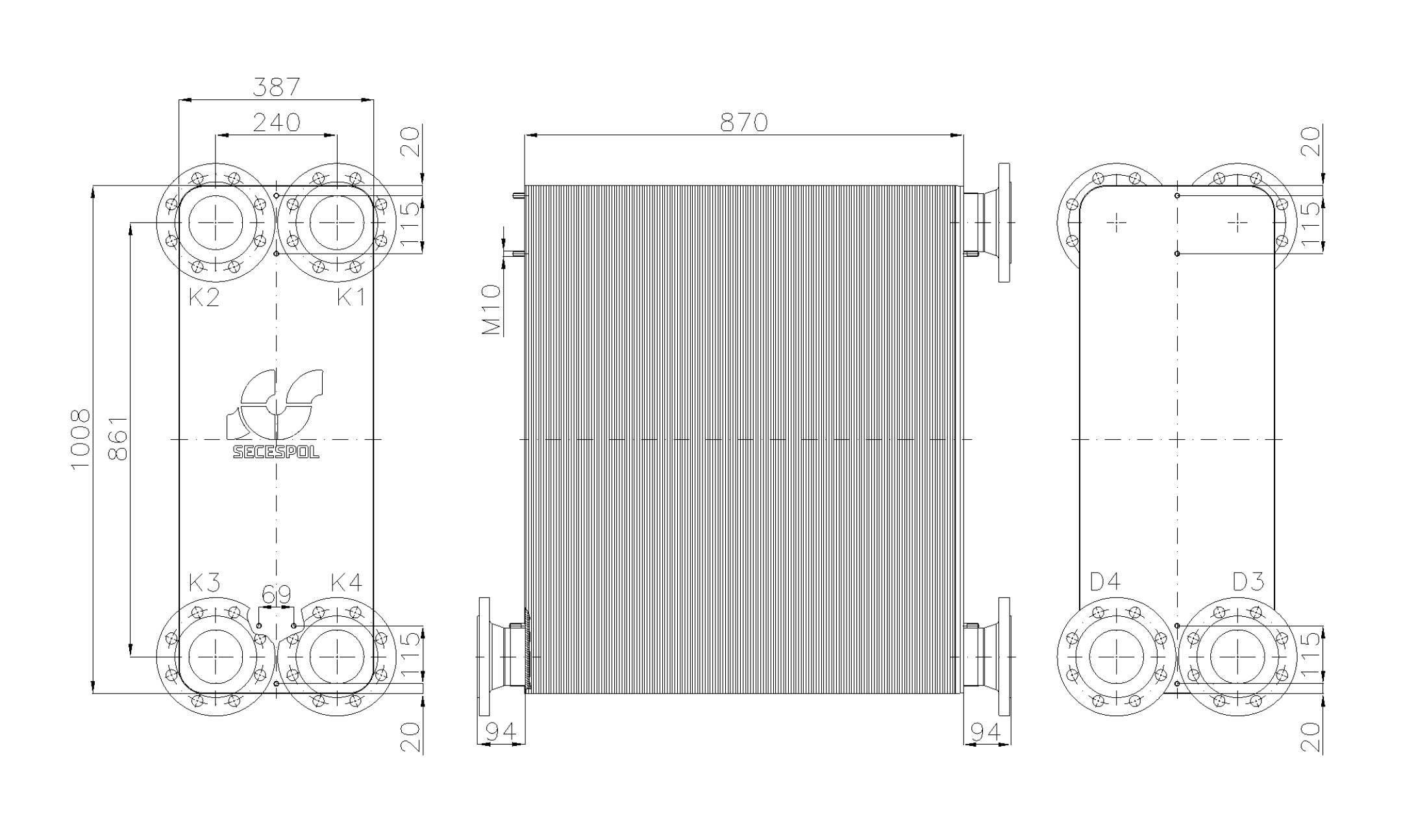Габаритные размеры паяного пластинчатого теплообменника Secespol LE400-310-2S-DN100.SS