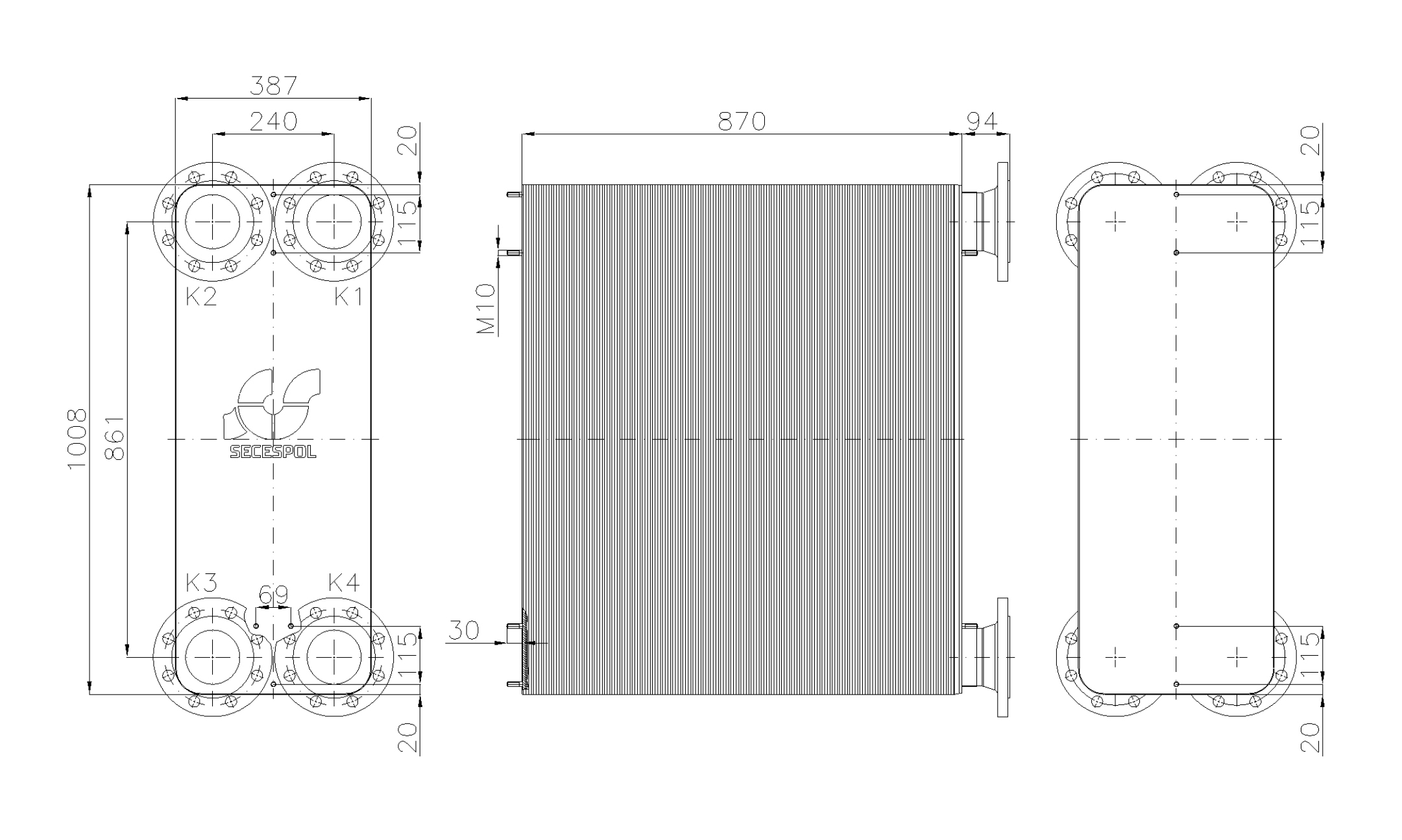 Габаритные размеры паяного пластинчатого теплообменника Secespol LE400-310-DN100.SS