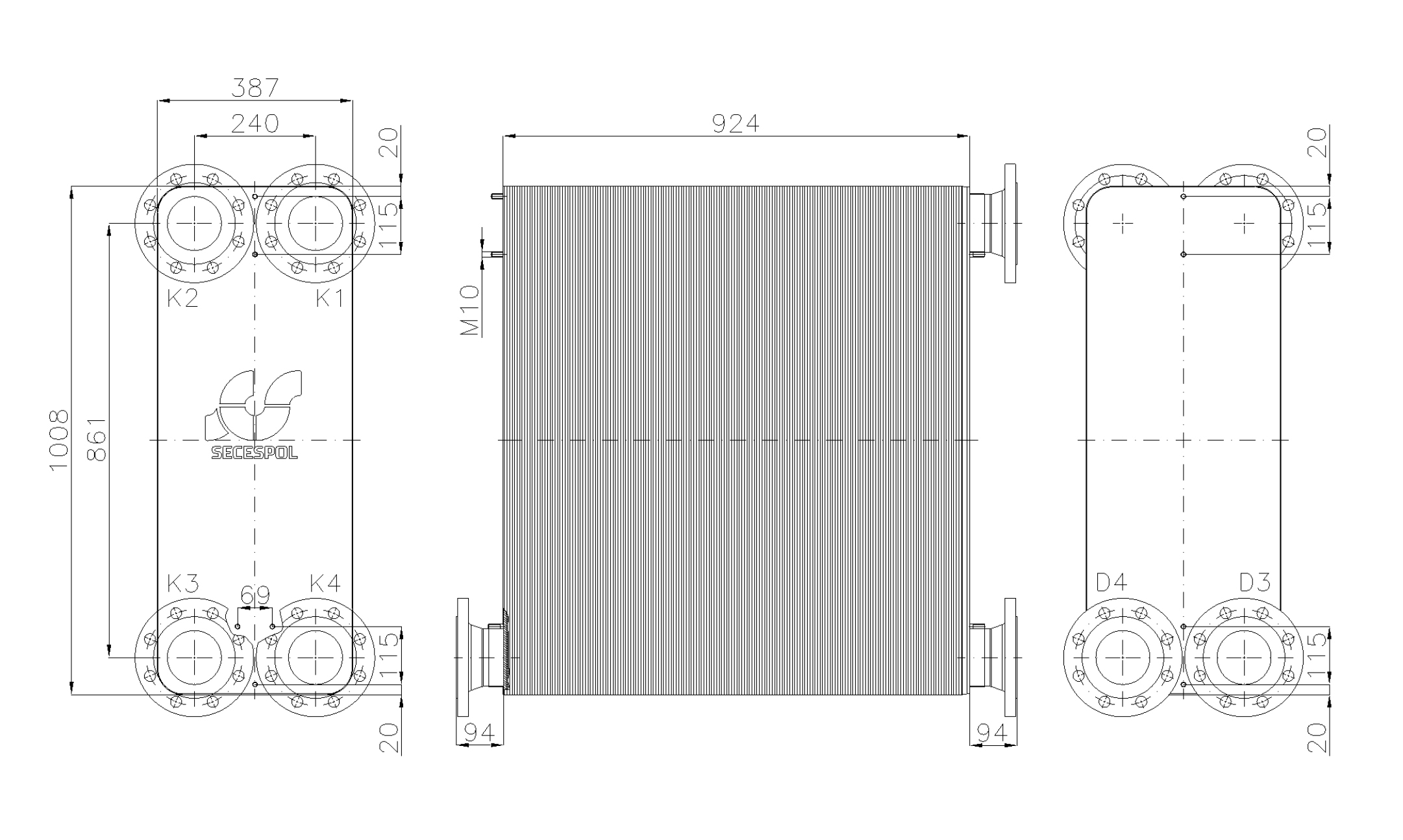 Габаритные размеры паяного пластинчатого теплообменника Secespol LE400-330-2S-DN100.SS