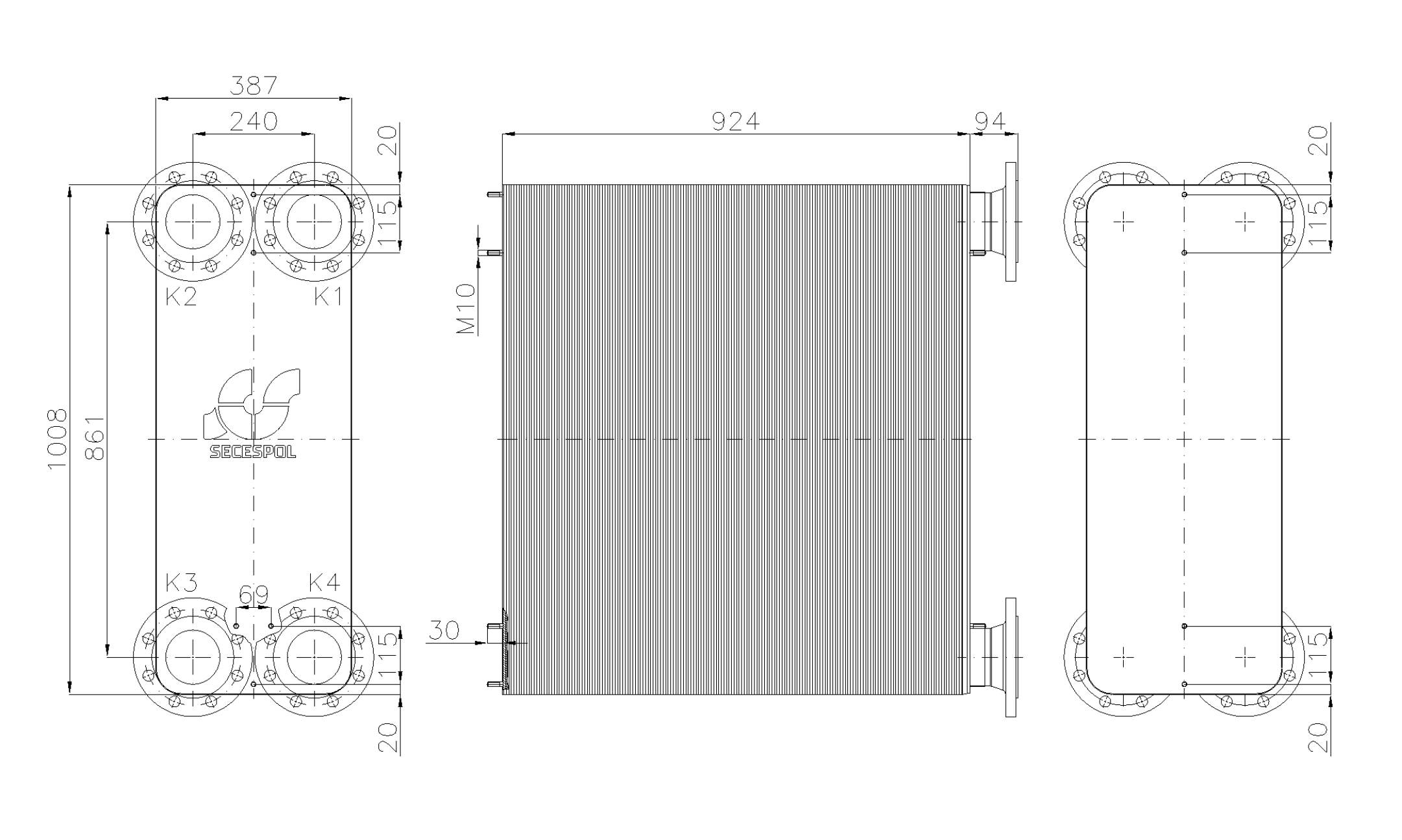 Габаритные размеры паяного пластинчатого теплообменника Secespol LE400-330-DN100.SS