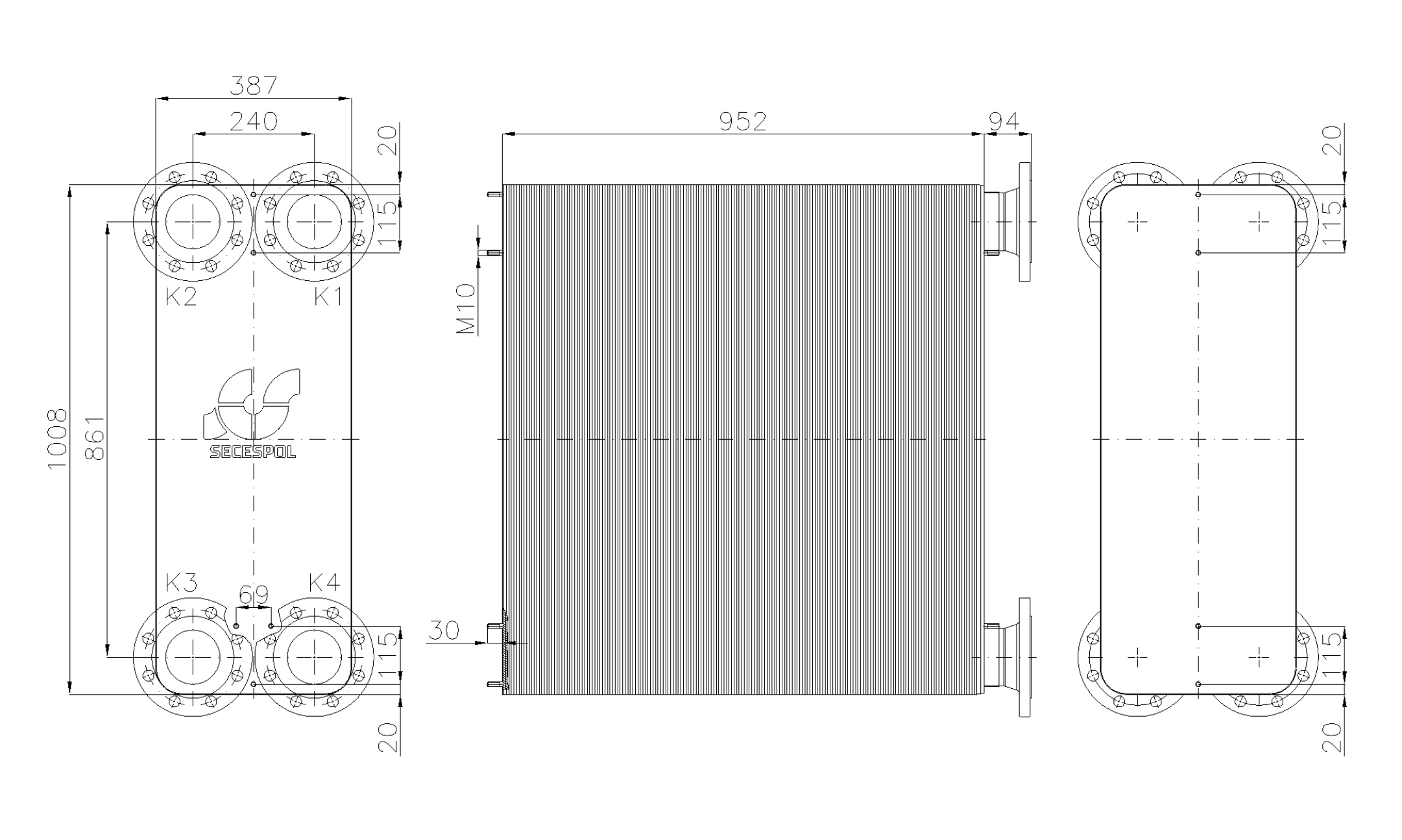 Габаритные размеры паяного пластинчатого теплообменника Secespol LE400-340-DN100.SS