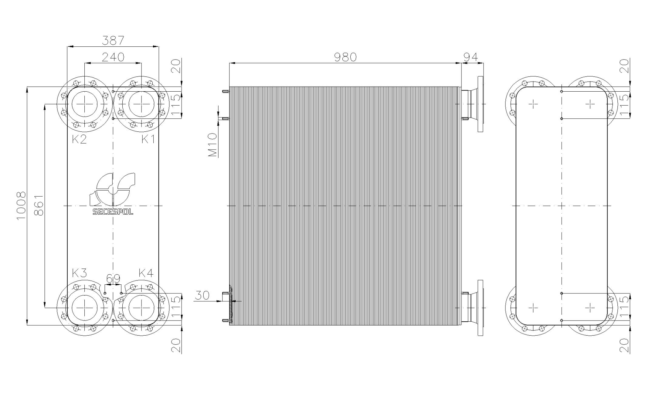 Габаритные размеры паяного пластинчатого теплообменника Secespol LE400-350-DN100.SS