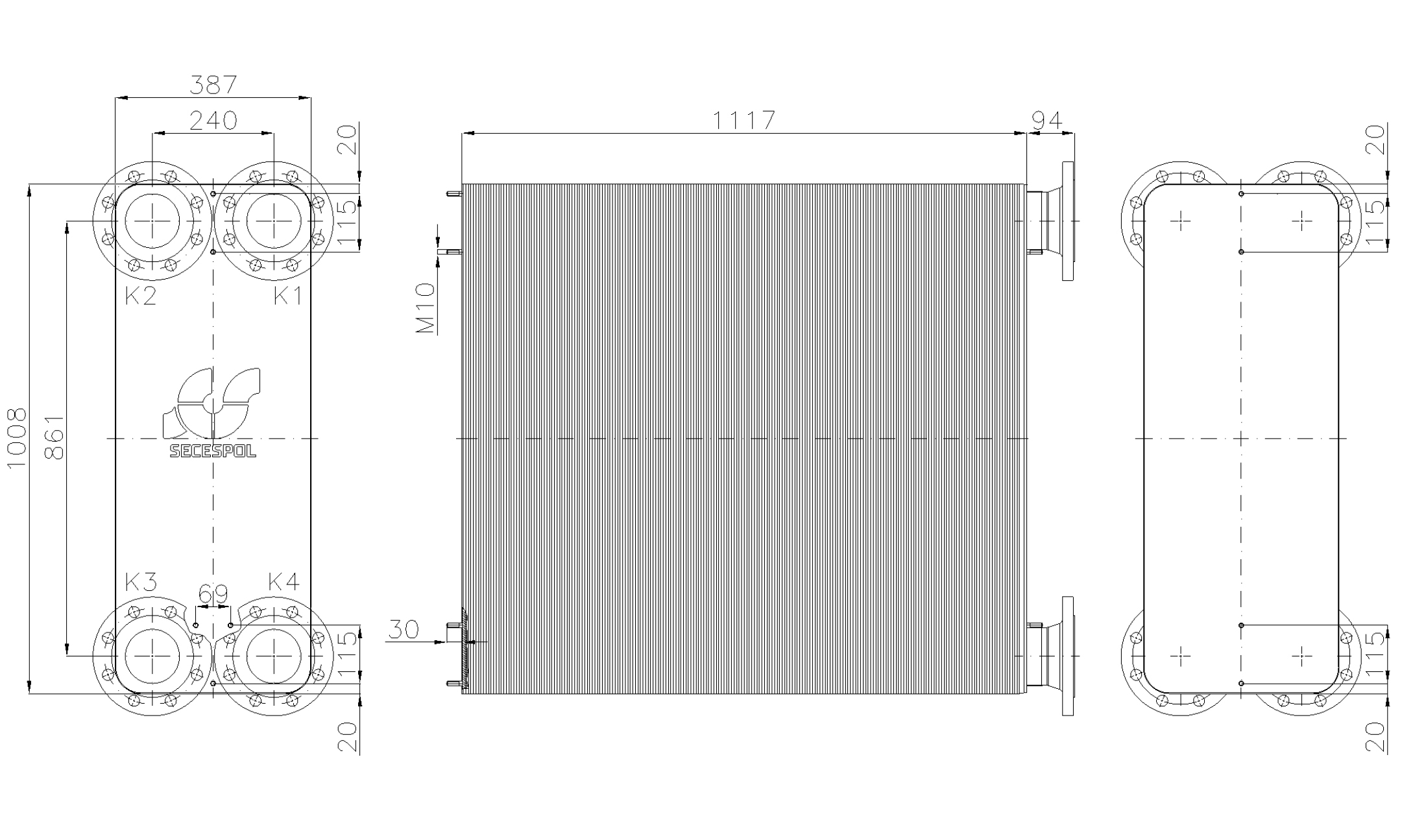 Габаритные размеры паяного пластинчатого теплообменника Secespol LE400-400-DN100.SS