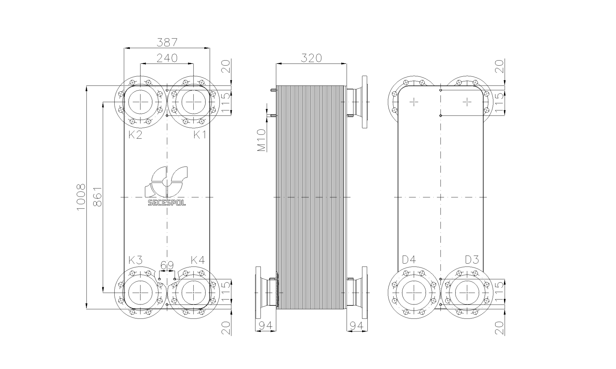 Габаритные размеры паяного пластинчатого теплообменника Secespol LE400-110L-2S-DN100.SS