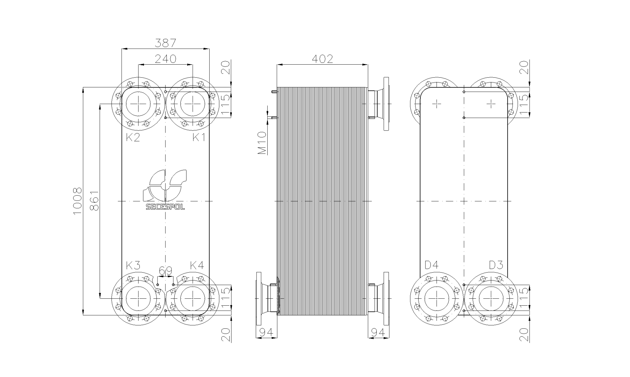 Габаритные размеры паяного пластинчатого теплообменника Secespol LE400-140L-2S-DN100.SS