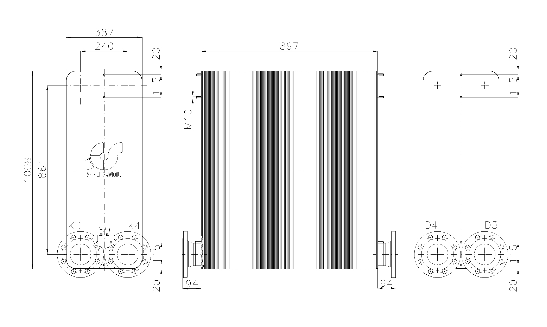 Габаритные размеры паяного пластинчатого теплообменника Secespol LE400-320L-2-DN100.SS